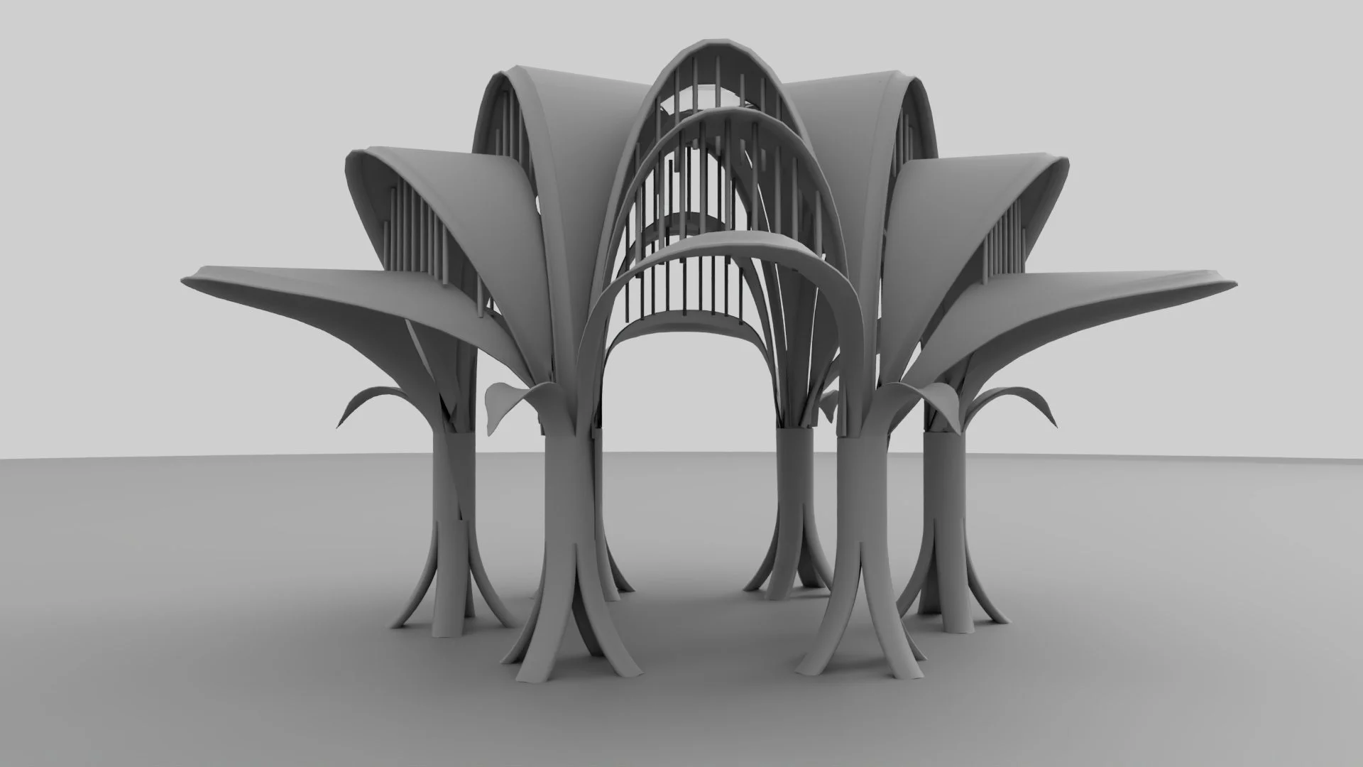 A grayscale digital rendering of a modern, abstract floral sculptural architecture with multiple large, curved petals and plant-like bases.