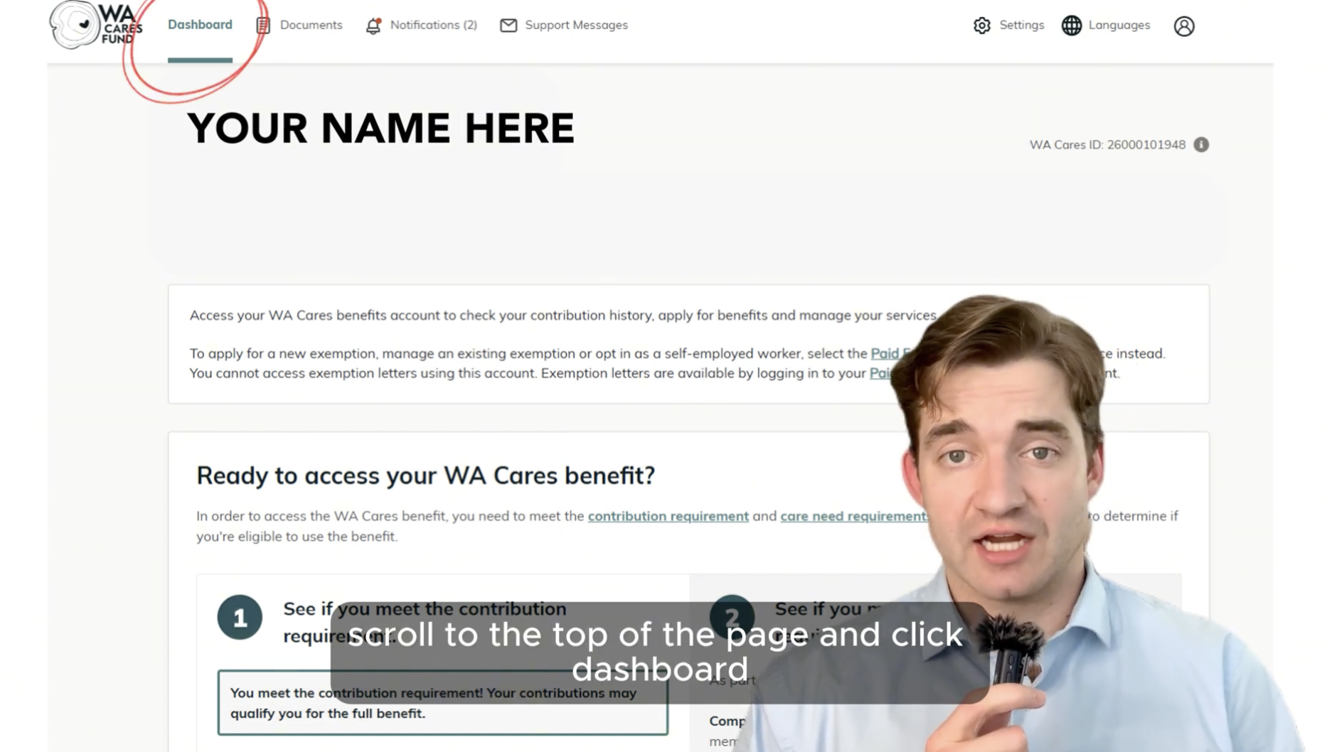 Screenshot of a webpage from the WA Cares Fund, with a man in a blue shirt holding a microphone and speaking in the foreground. The webpage includes text about accessing benefits and contribution requirements, with instructions to scroll up and click on the dashboard. The webpage header contains links to dashboard, documents, notifications, support messages, and settings.