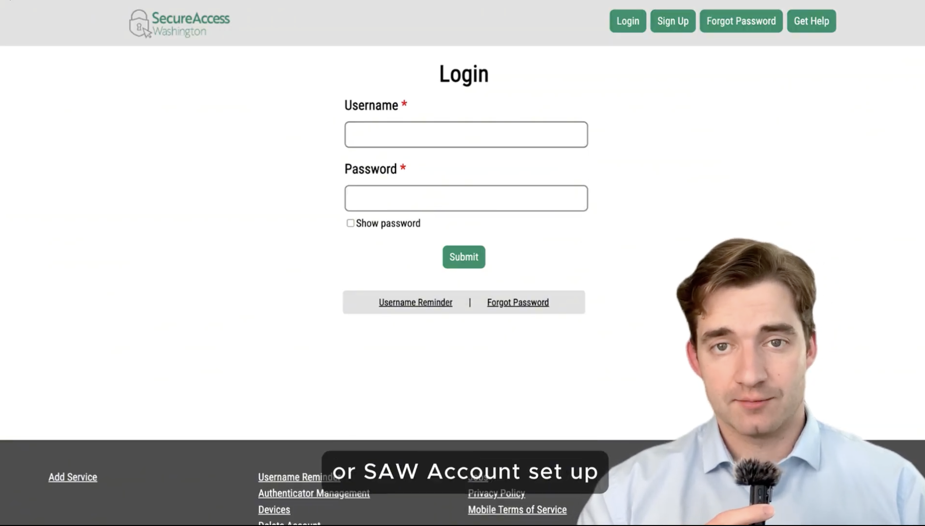 Screenshot of a login page for SecureAccess Washington with fields for username and password, and a man in professional attire speaking into a microphone at the bottom right corner.