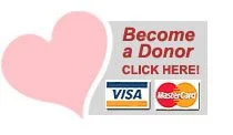 Graphic with pink heart shape, red text 'Become a Donor CLICK HERE!', and logos of Visa, Mastercard, and American Express.