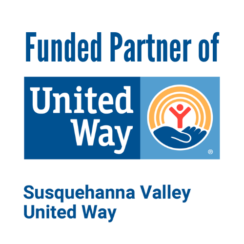 Logo of Susquehanna Valley United Way, indicating it is a funded partner of United Way, featuring a hand holding a person with radiating lines.