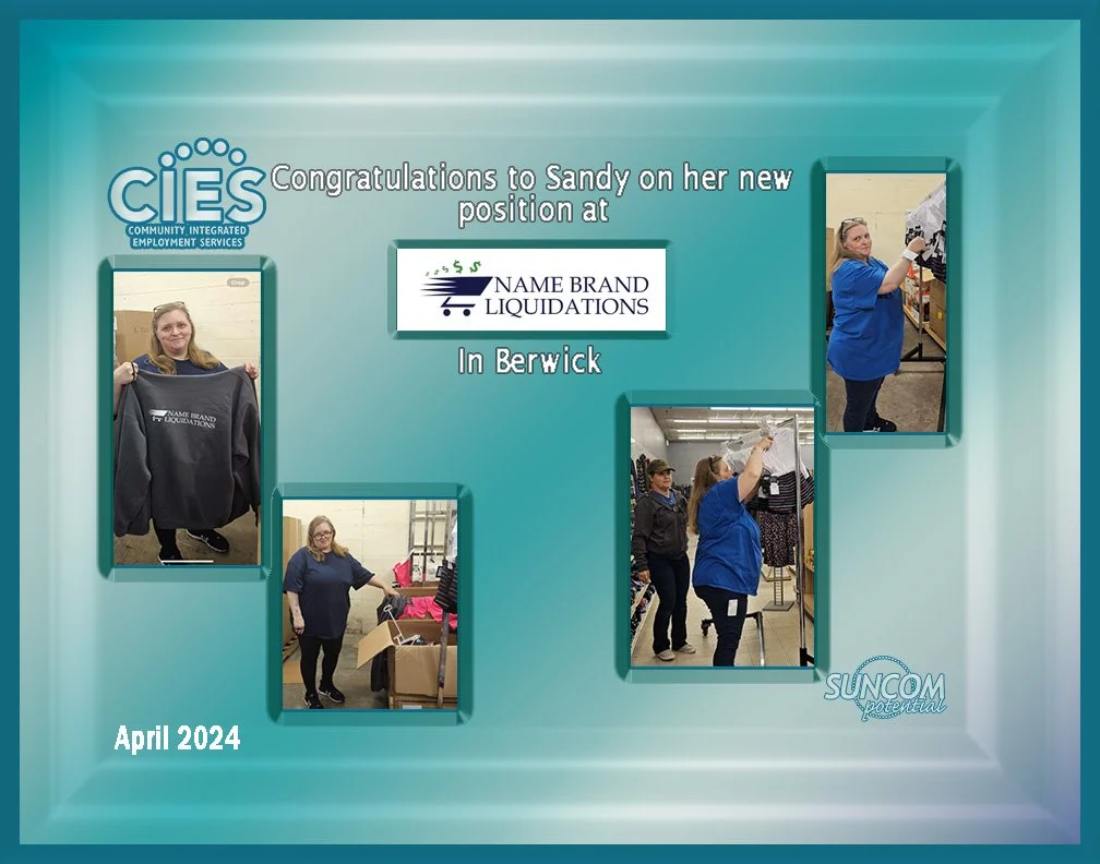 Celebration announcement for Sandy's new position at NAME BRAND LIQUIDATIONS in Berwick, April 2024, featuring photos of her volunteering and working in the store.