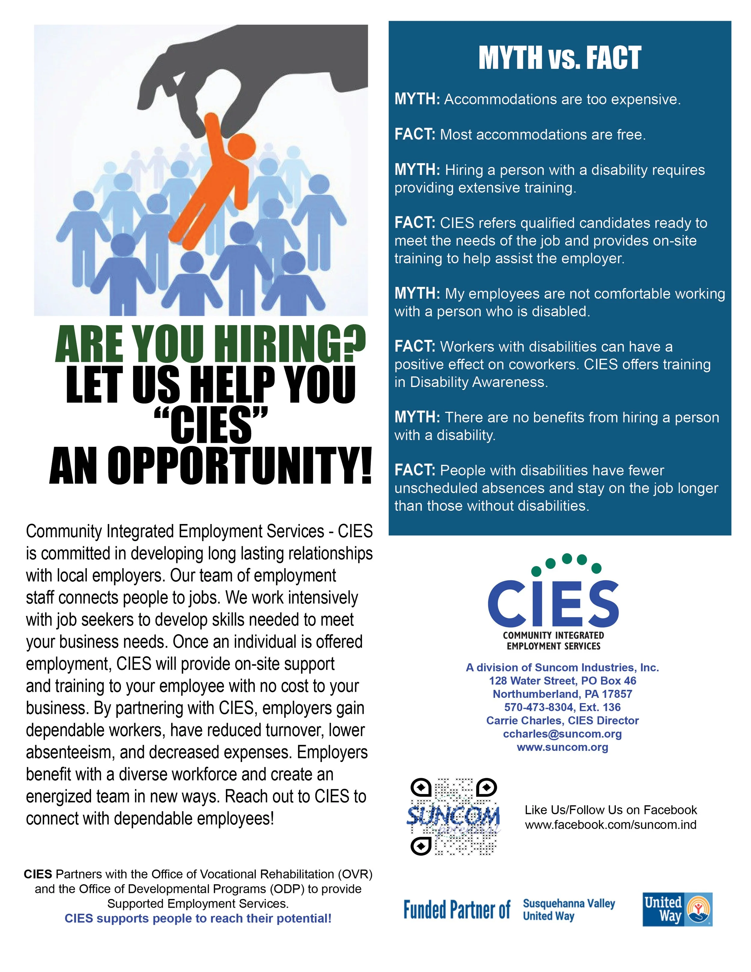 A flyer promoting Community Integrated Employment Services (CIES) with a graphic of a person in orange being lifted by a giant hand above a group of blue people, and text comparing myths and facts about hiring people with disabilities.