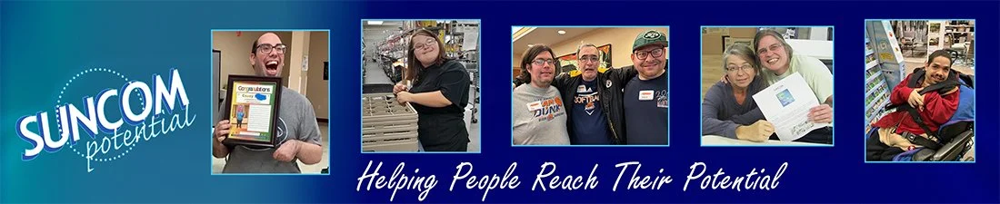 Banner with the SUNCOM Potential logo, five people in various settings, and the slogan 'Helping People Reach Their Potential'.
