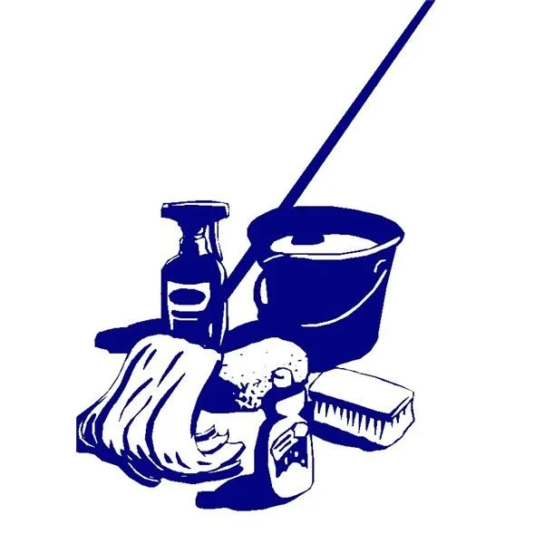 Cleaning supplies including a spray bottle, bucket, sponge, scrub brush, mop, and cloth.