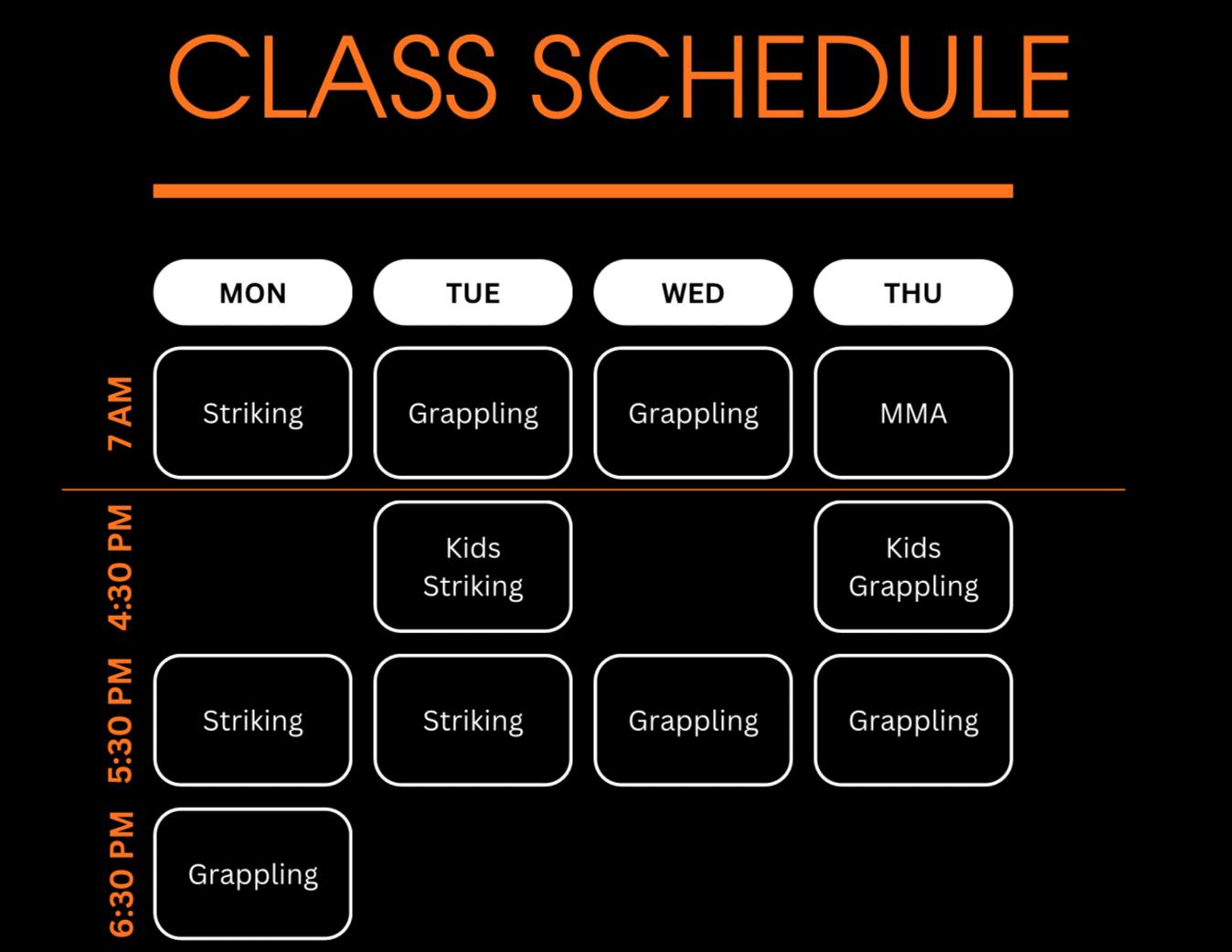 Weekly class schedule with martial arts classes at 7 AM and at 5:30 PM, Monday through Thursday, including striking, grappling, and kids' classes.