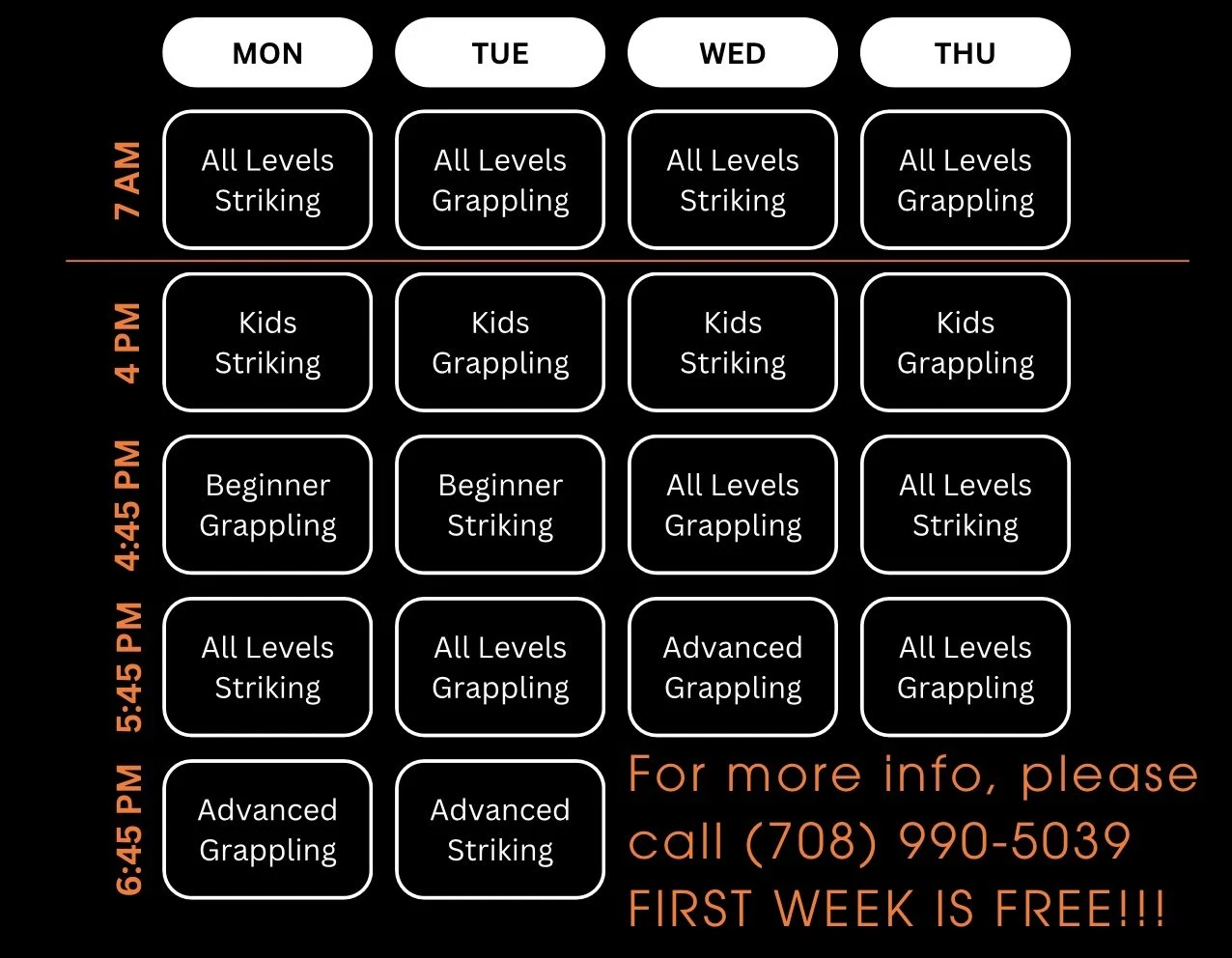 Weekly martial arts class schedule with days Monday through Thursday at different times from 4 PM to 6:45 PM, listing classes such as beginner, kids, all levels, advanced, and striking, with phone contact for more info and a free first week offer.