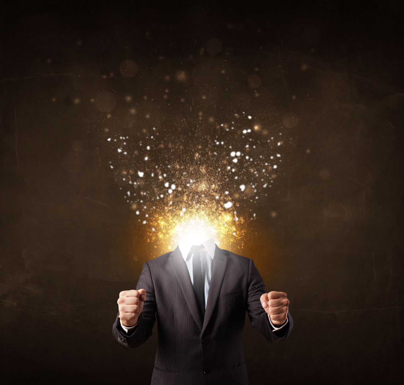 depiction of man in a suit with his head exploding into bright light like he had an incredible thought