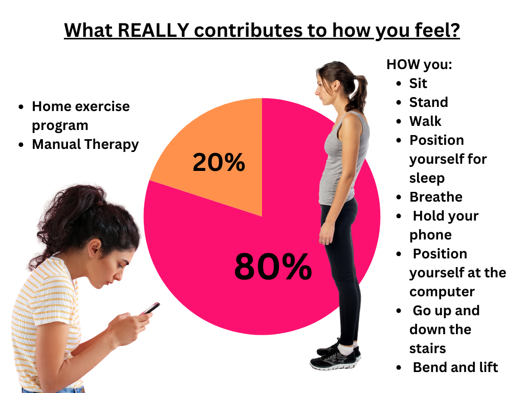 graphic depiction of the 20% of PT (HEP, manual therapy) and that 80% is the patient changing their daily habits