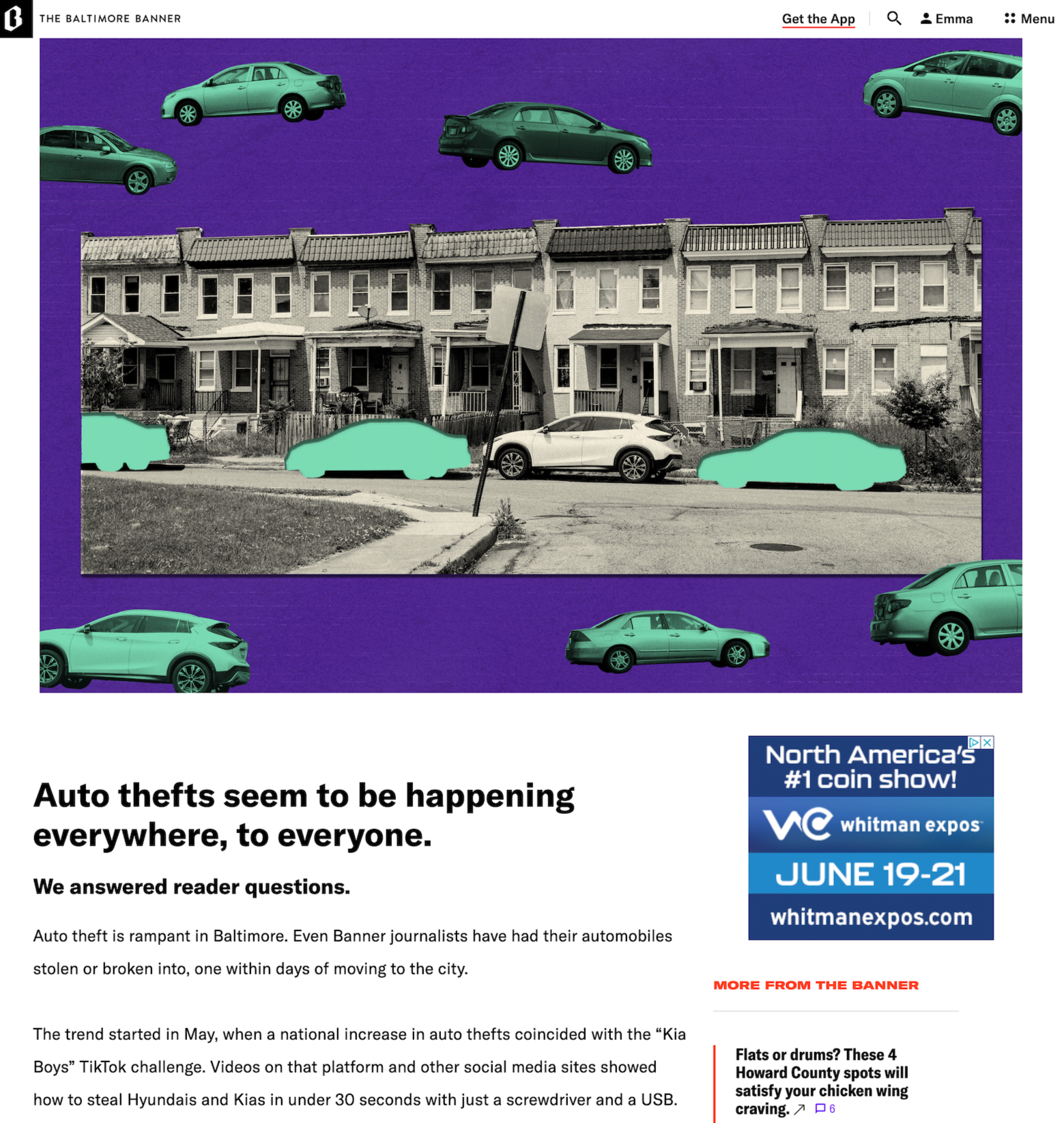 Styled illustration showing cars and houses, with cars appearing to be floating above the houses against a purple background.