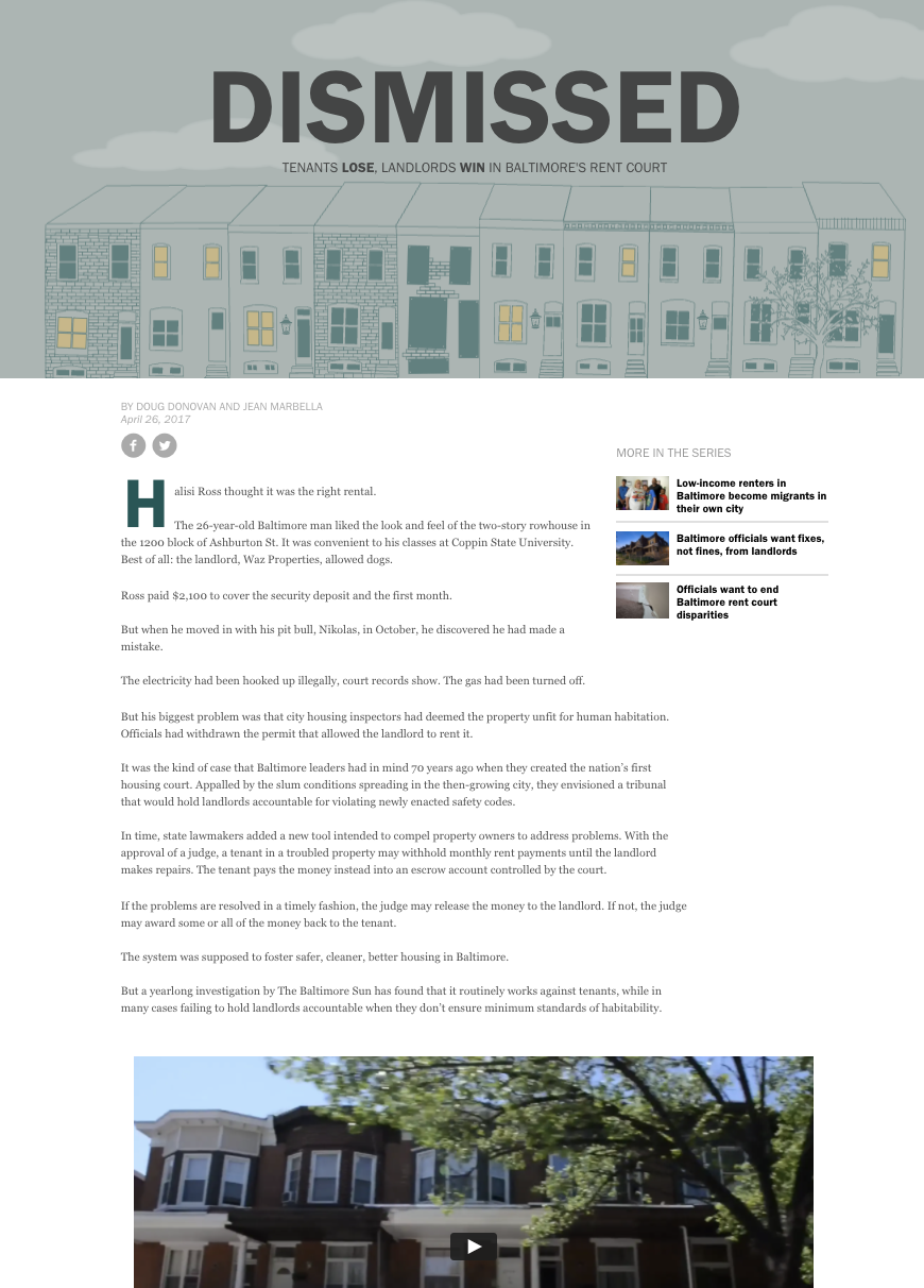 An online article with the headline "DISMISSED," discussing tenant and landlord legal issues in Baltimore. The page includes a series of articles links on the right and a photo at the bottom showing a row of townhouses.