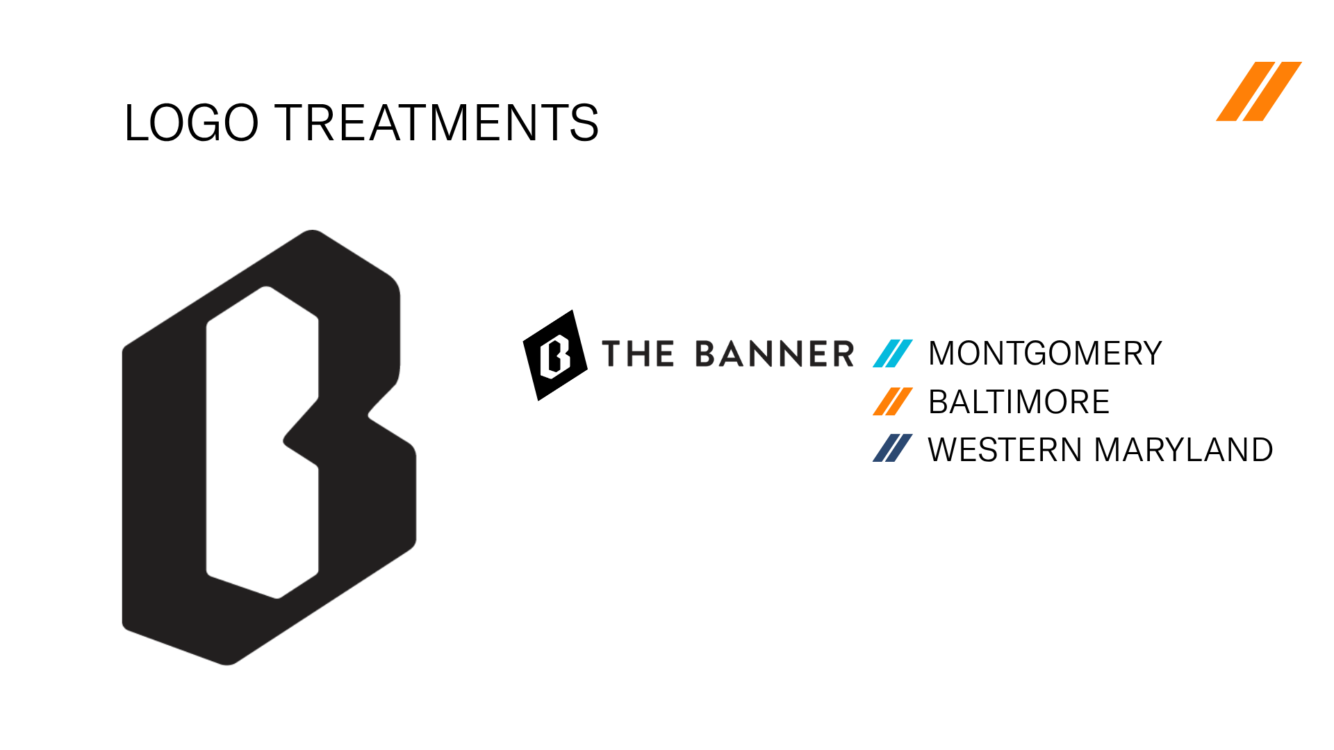 A digital graphic design for a logo treatments presentation, featuring a large black geometric logo and text reading 'LOGO TREATMENTS'. It includes the logos and names for three places: Montgomery, Baltimore, and Western Maryland, using different colors and styles for each.