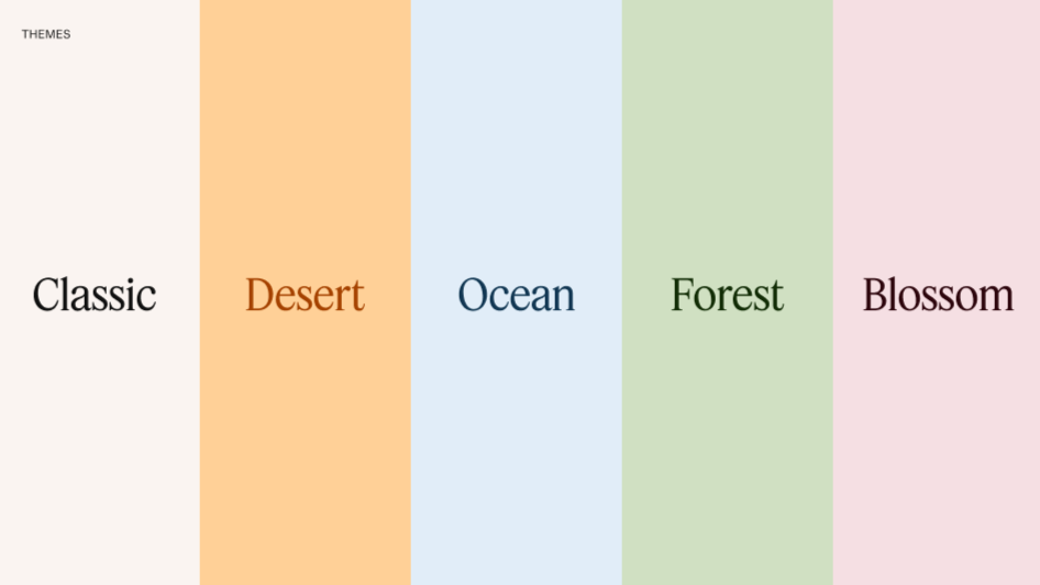 A colorful chart displaying themes labeled Classic, Desert, Ocean, Forest, and Blossom with corresponding background colors.