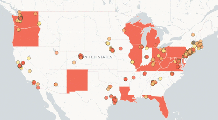 Map of the United States with multiple colored dots and red highlighting certain states.