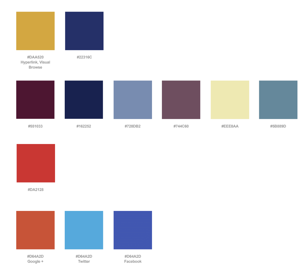 A color palette with various colors and their hexadecimal codes, including shades of yellow, blue, purple, red, orange, and teal.