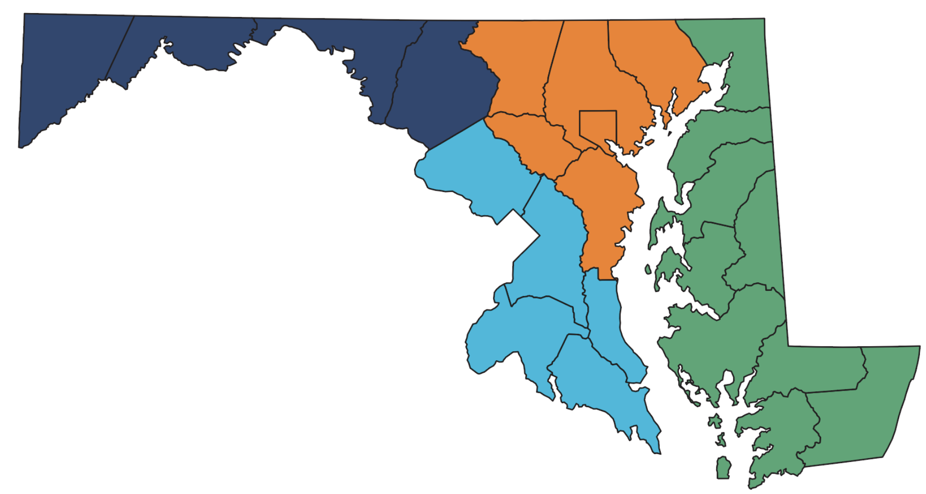 Map of the United States showing different state regions color-coded in dark blue, light blue, orange, and green.