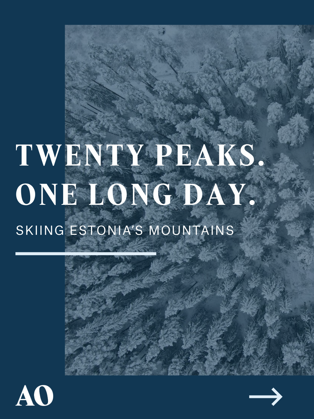 Aerial view of snow-covered pine trees in Estonia's mountains with overlaid text promoting skiing in Estonia.