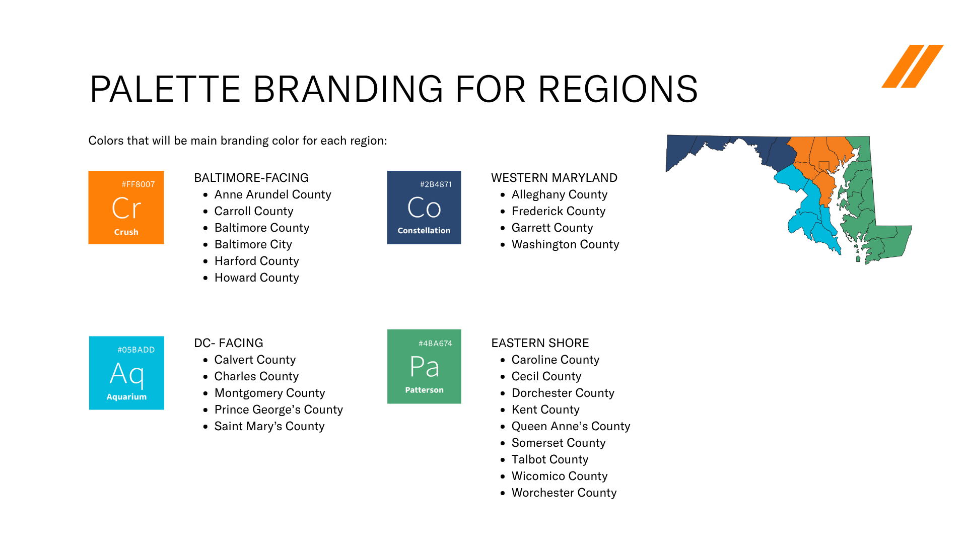 Map of Maryland with regions color-coded for branding, including Baltimore-Facing in orange, Western Maryland in dark blue, DC-Facing in light blue, East Shore in green, and a small map inset showing these regions.