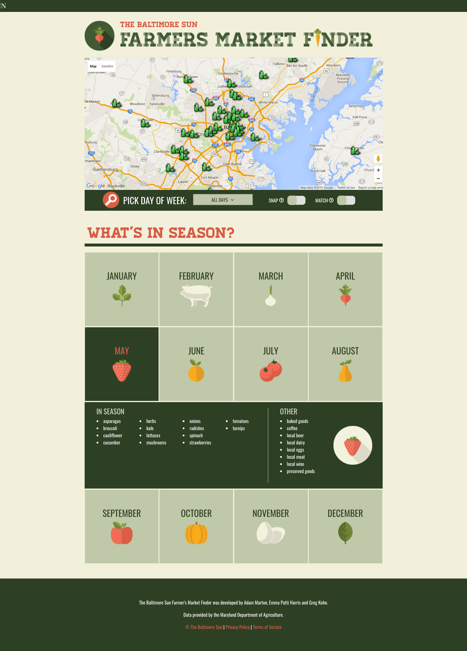 Map of Baltimore with markers indicating farmers markets, with options to select day of week and season, and a section listing seasonal produce items.
