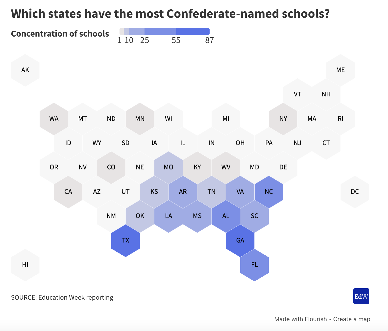 Map of U.S. states showing the concentration of Confederate-named schools, with darker blue indicating higher concentration, mainly in southern states like Texas, Georgia, Alabama, and North Carolina.
