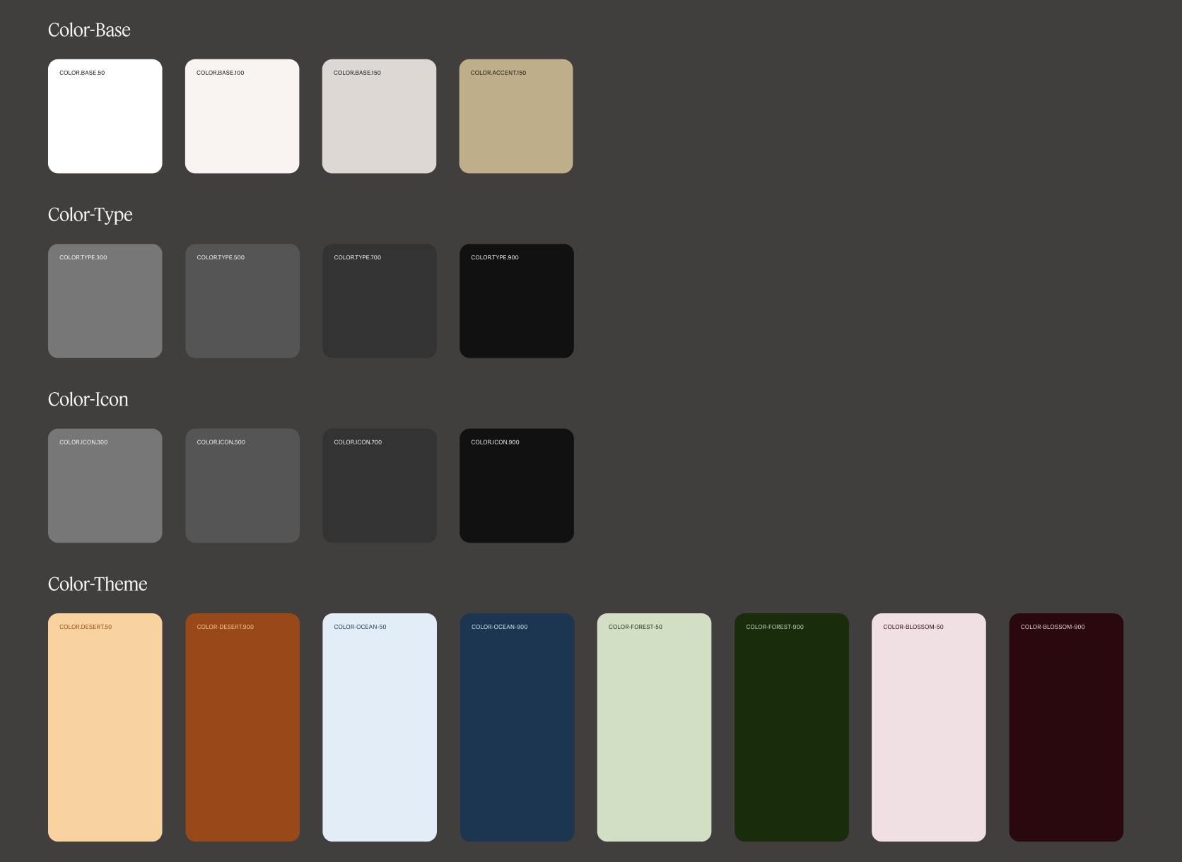 A color palette chart with sections labeled 'Color-Base', 'Color-Type', 'Color-Icon', and 'Color-Theme', displaying various shades and tones of colors with their respective labels.