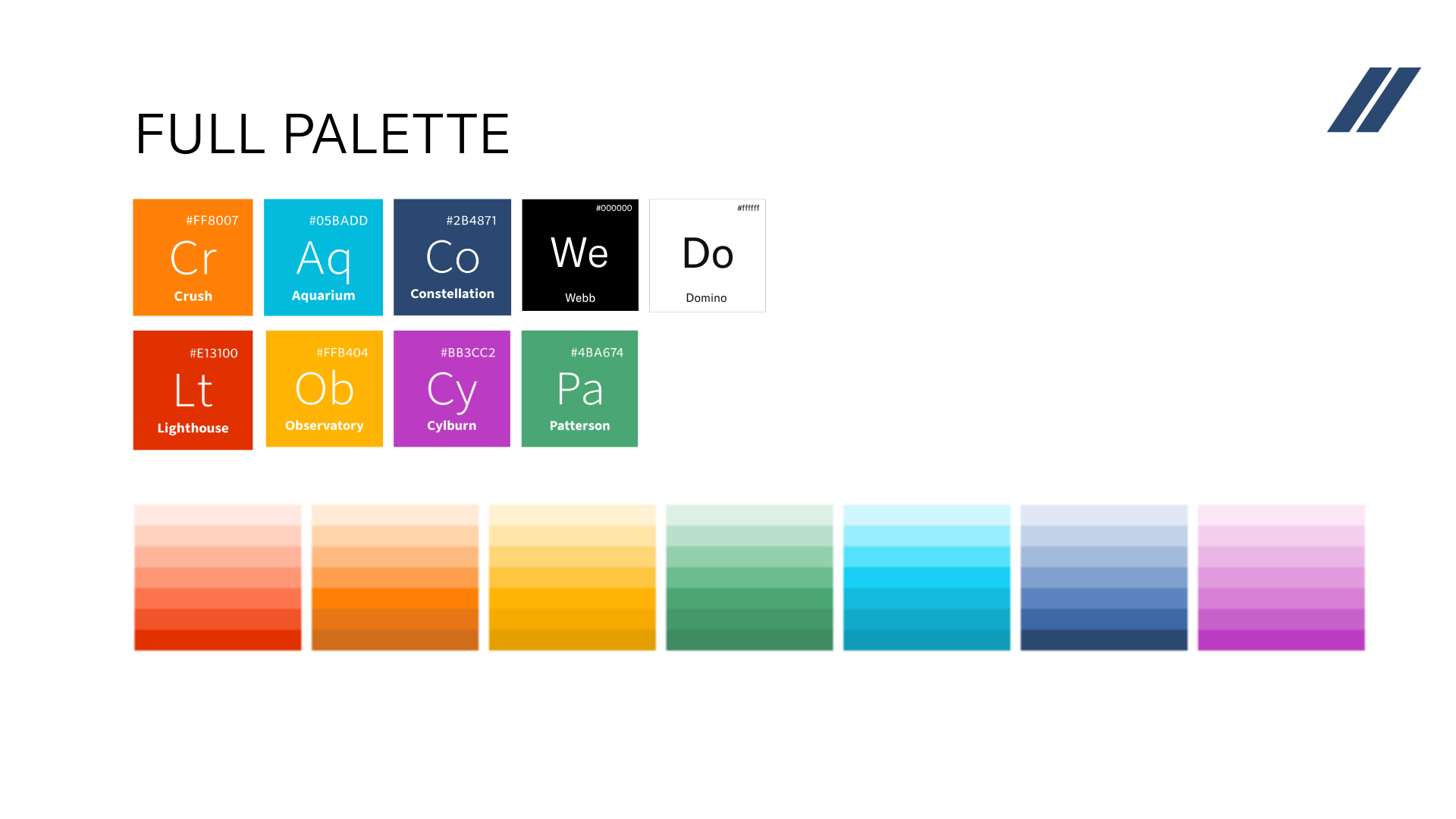 Color palette labeled "Full Palette" featuring nine color squares with codes and names, along with a gradient bar of various shades at the bottom.