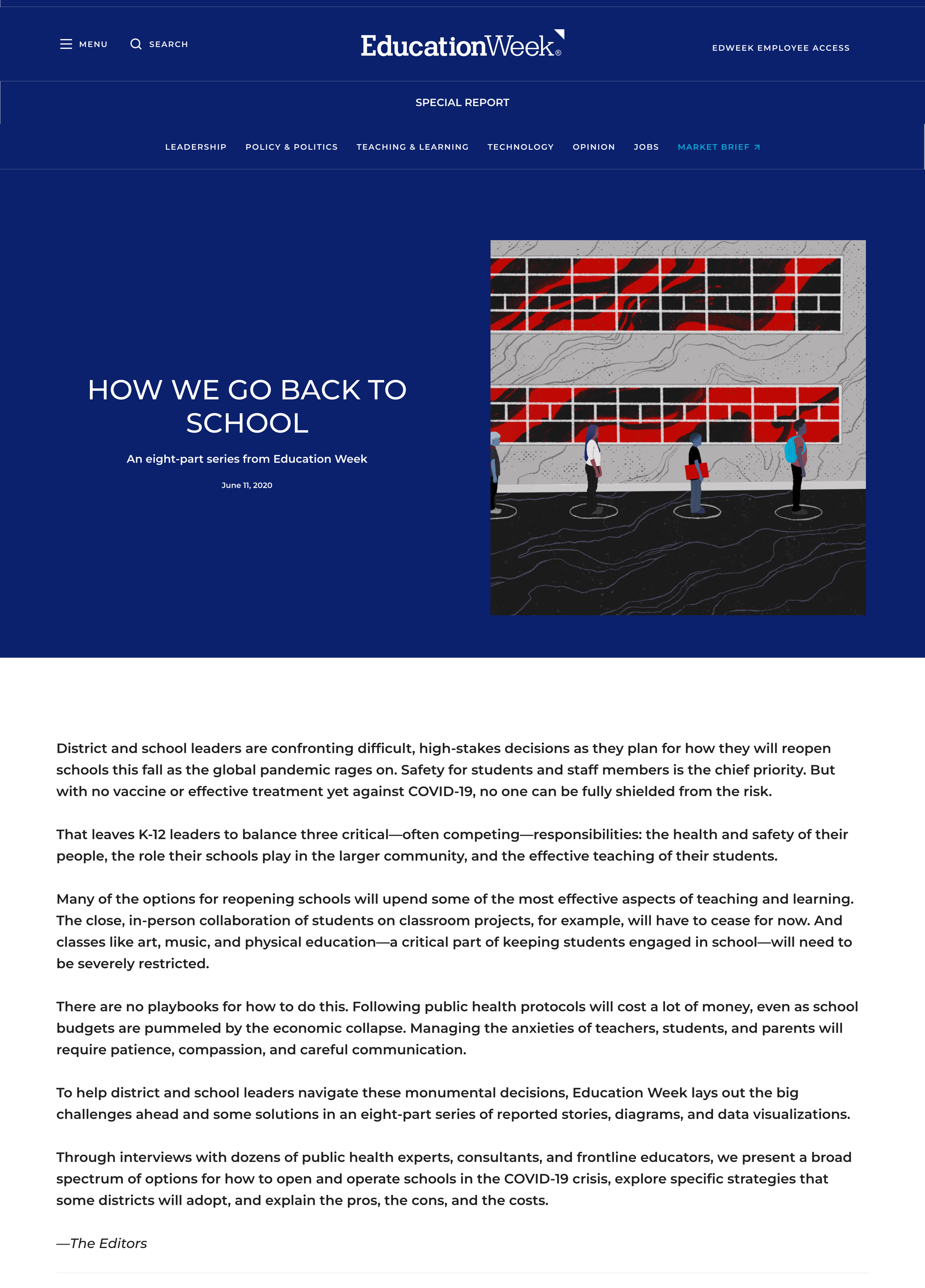 Digital illustration of students standing in front of a large, abstract mural on a school building, with a glass facade showcasing red and black streaks in a grid pattern.