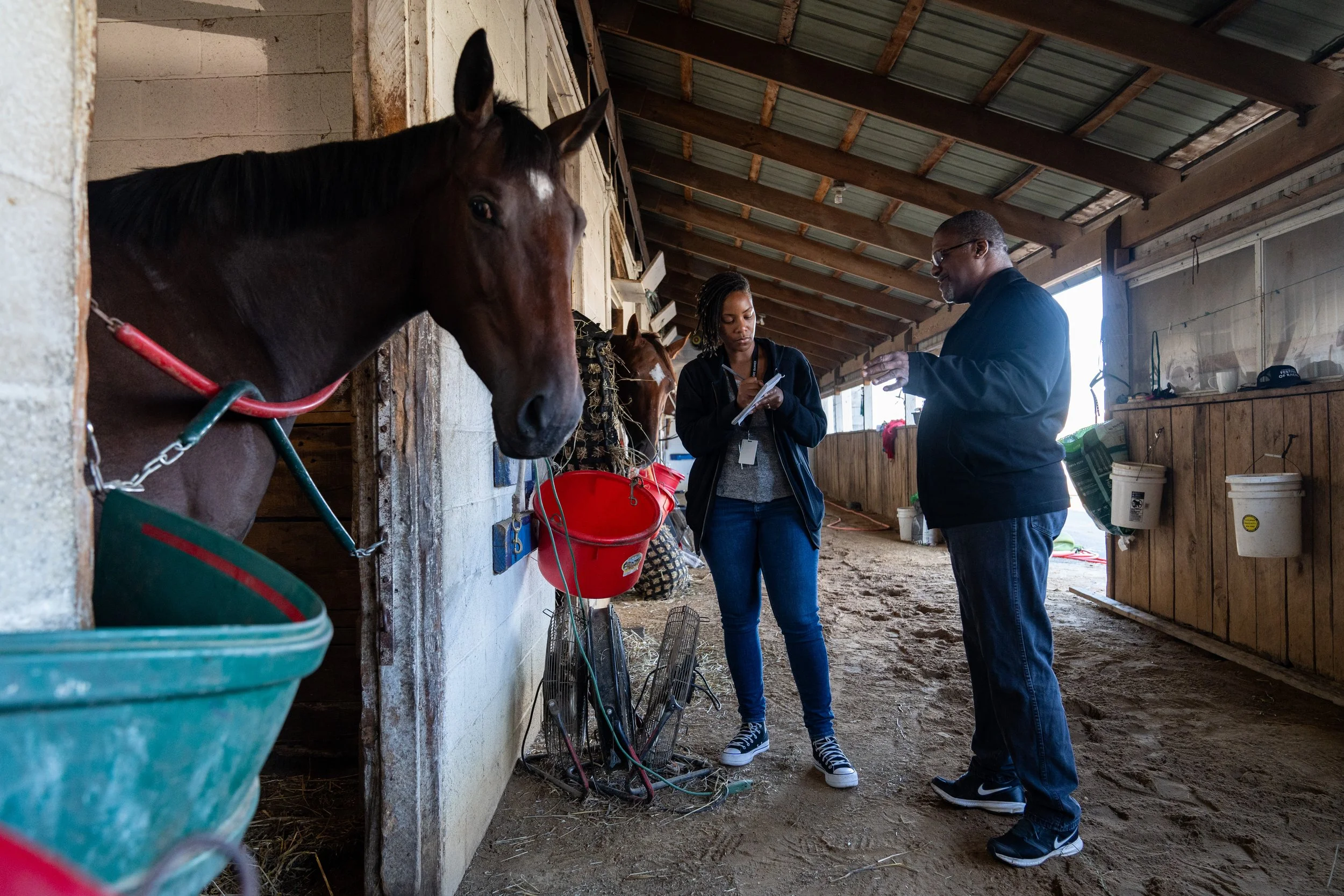 Two women and one man standing inside a horse stable, engaging in conversation. The stable has a wooden roof and open sides, with horses visible in stalls along the wall. One woman is writing on a notepad, and the man appears to be explaining something. There are various supplies like buckets and tools around.