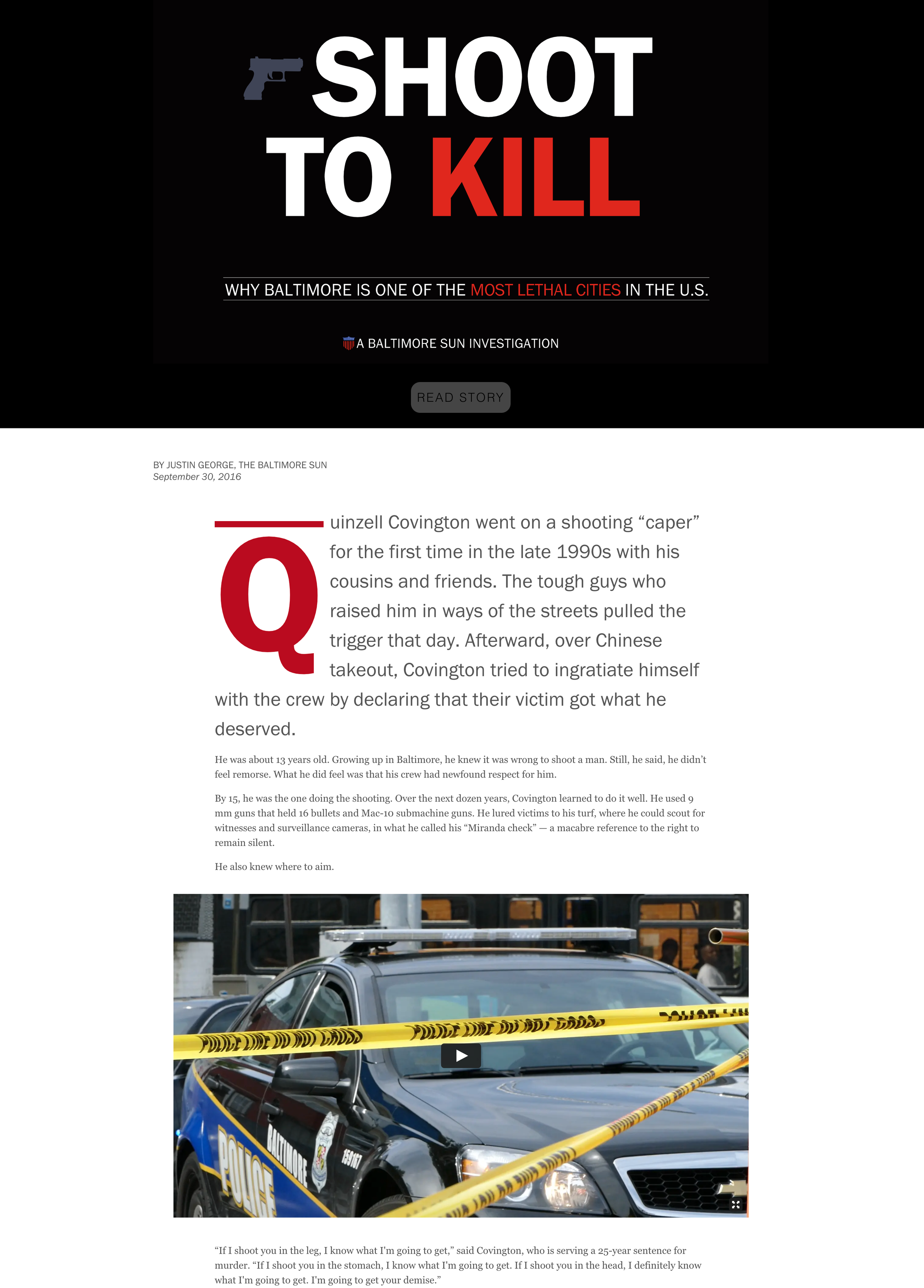 A police car with yellow police tape in front of it and a building in the background, possibly at a crime scene.