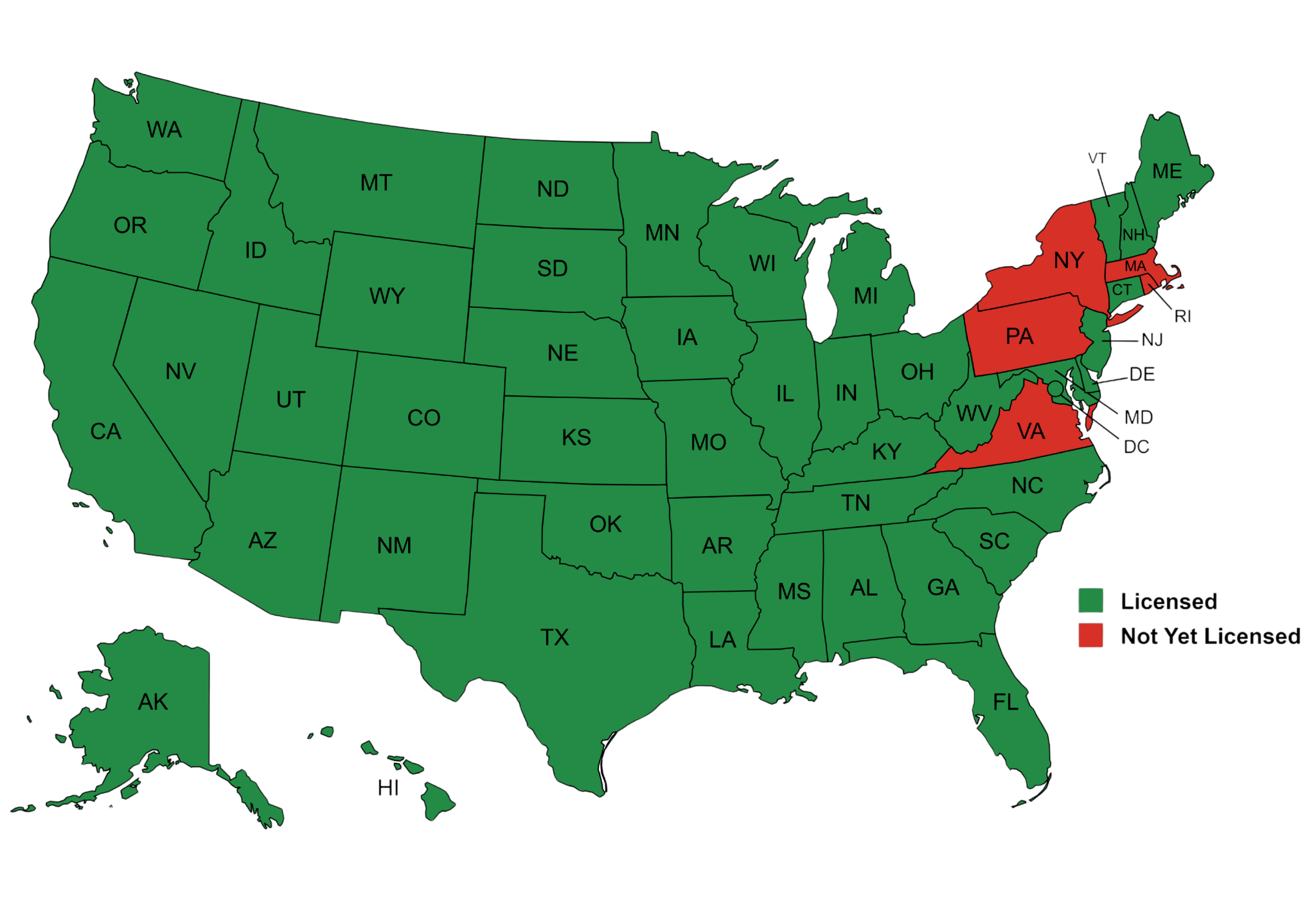 Map of the United States with states colored green if licensed and red if not licensed.