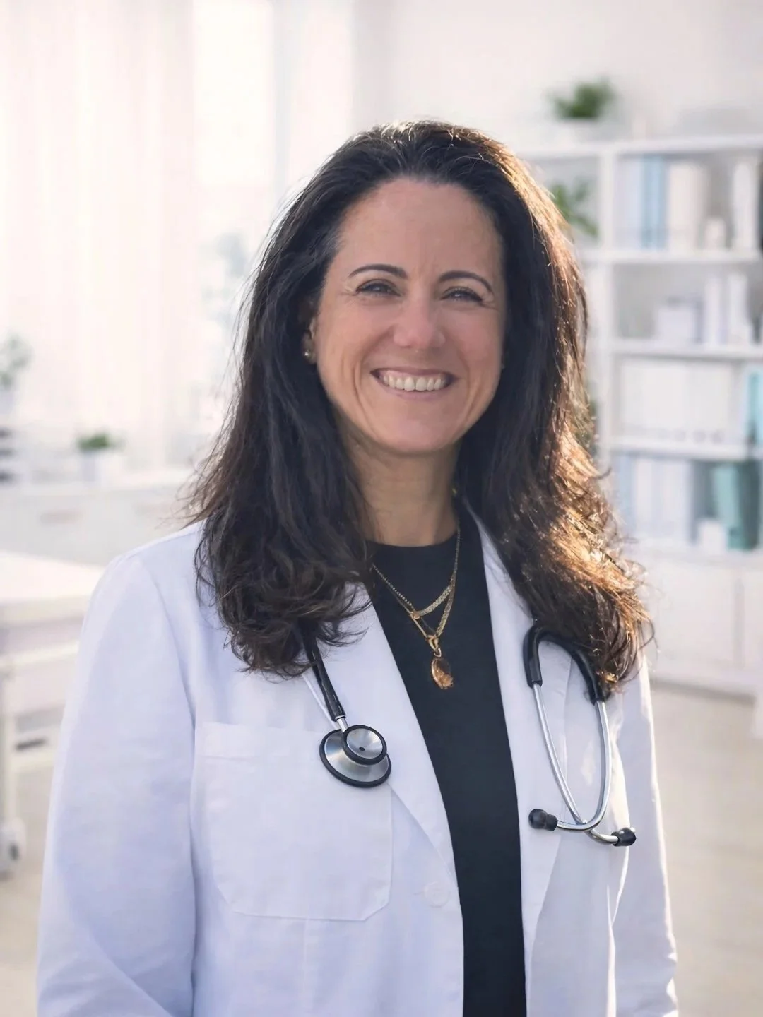 A smiling female doctor with dark, wavy hair in a well-lit medical office, wearing a white lab coat and a stethoscope around her neck.