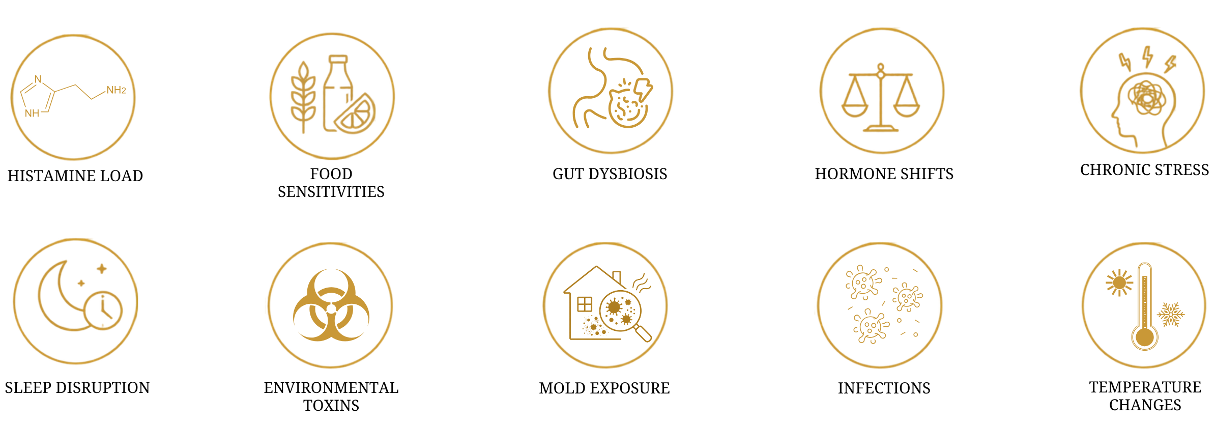 Collection of icons representing various health and wellness topics, including molecular science, nutrition, digestion, mental health, sleep, biohazard, virus detection, temperature regulation, and illness symptoms.