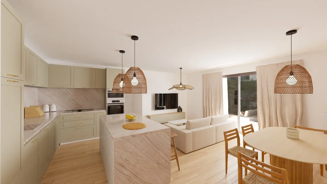 Rénovation haut de gamme d'un appartement à Valdahon avec salon et cuisine modernes avec meubles beige, suspensions en rotin, grande baie vitrée avec rideaux clairs. Canapé beige. Agencement sur mesures.