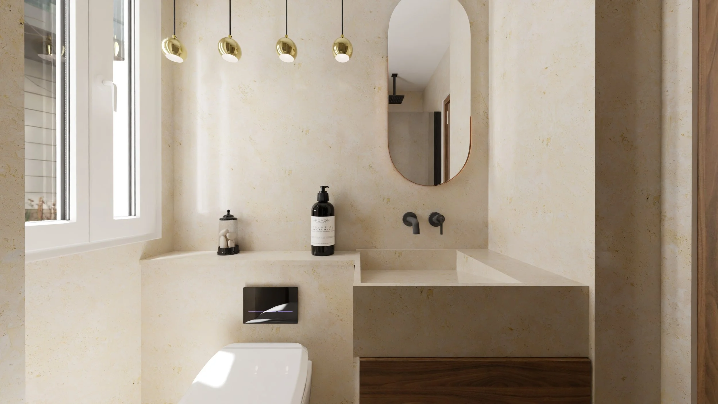 Rénovation haut de gamme d'un appartement dans Paris 12 avec salle de bain avec murs beige, grande fenêtre, robinet, bouteille de savon noire, radiateur mural noir, machine à laver, étagère en bois, miroir, et WC. Agencement sur mesures