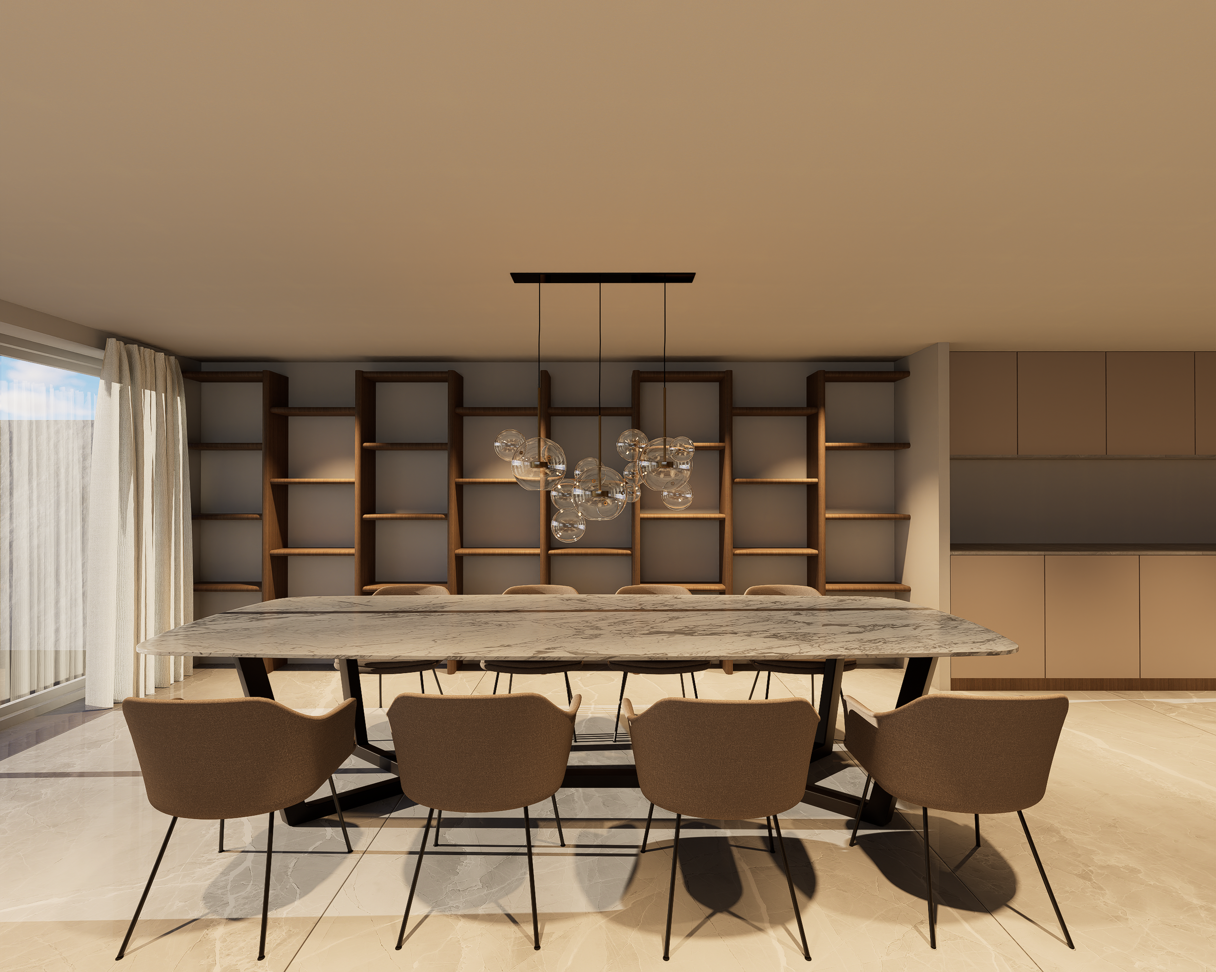 Rénovation haut de gamme d'une villa à Chelles avec salle à manger moderne avec un grand meuble en bois, une table en marbre, des fauteuils beiges, un éclairage suspendu et un grand volet en blanc. Agencement sur mesures