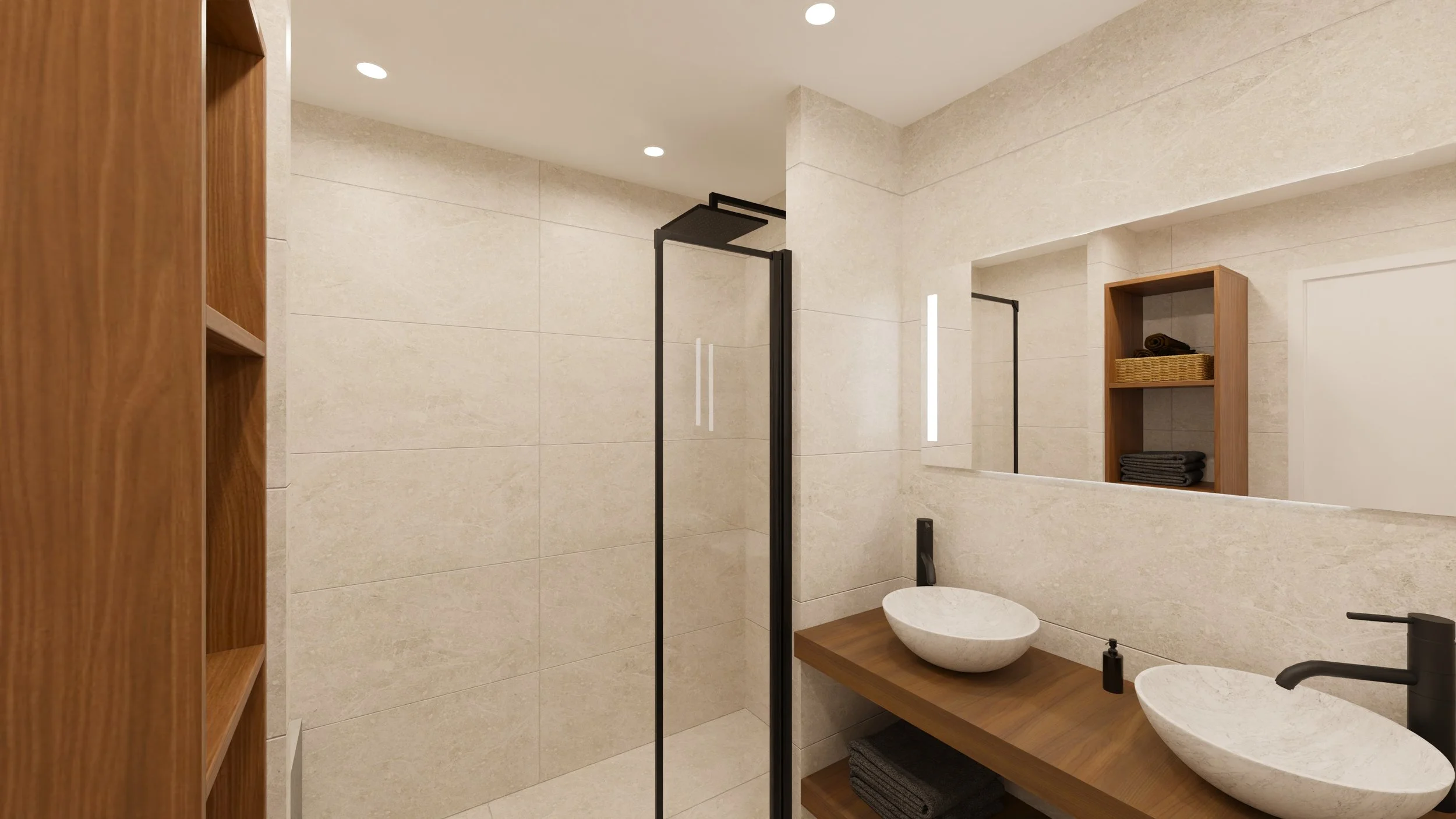 Rénovation haut de gamme d'un appartement avec salle de bain moderne avec des murs en pierre claire, une douche à l'italienne avec un plafond de douche noir, deux vasques rondes sur un meuble en bois, et un radiateur noir. Agencement sur mesures
