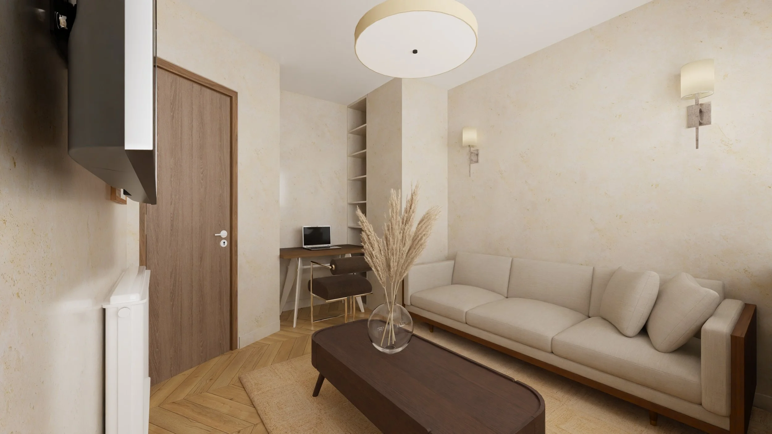 Rénovation haut de gamme d'un appartement dans Paris 12 avec salon confortable avec un canapé beige, une table basse en bois foncé, des murs crème avec deux appliques murales, un mur avec une étagère ouverte et un bureau sur mesures.