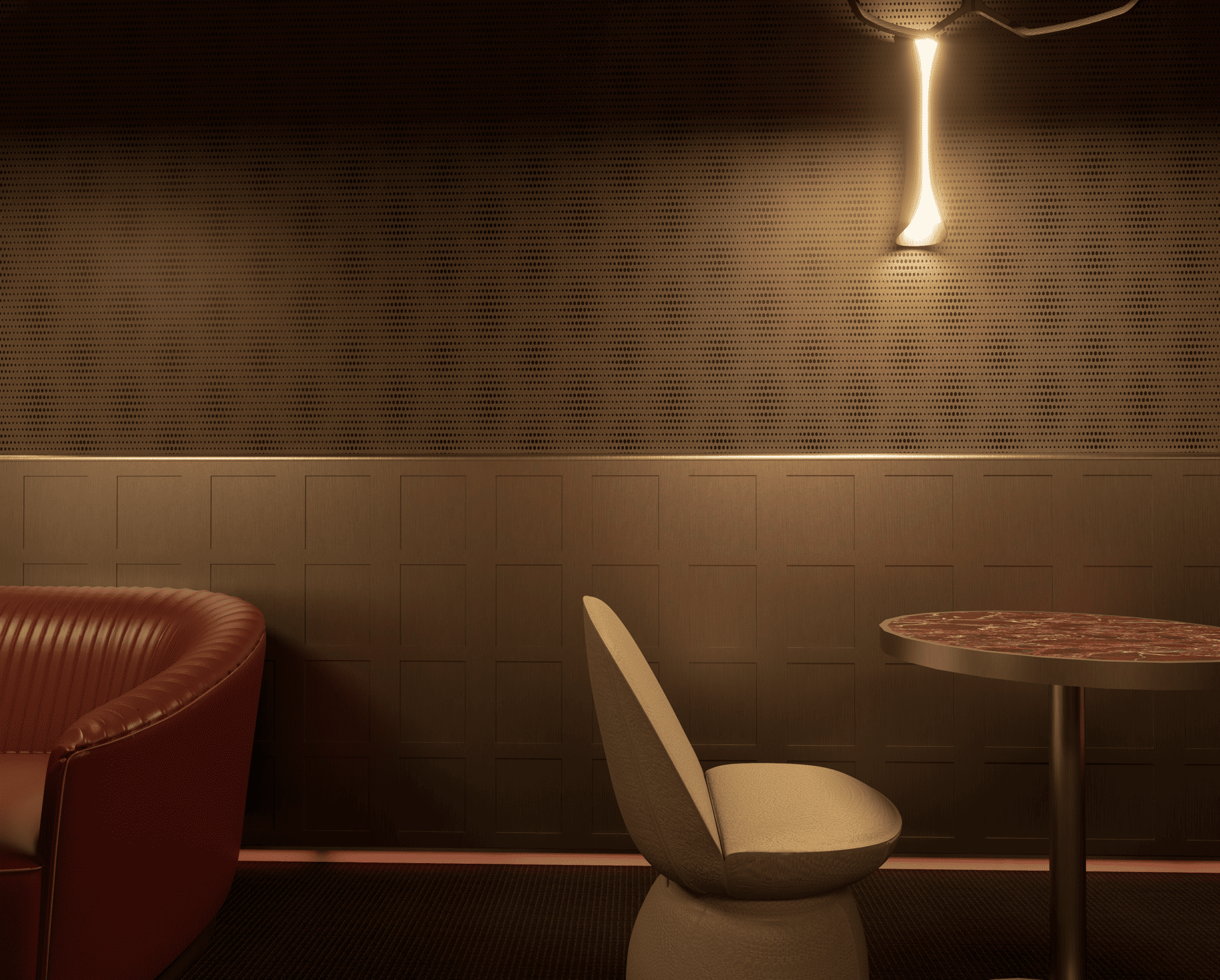 Une salle avec un mur en panneaux de bois, un coin avec une table ronde en marbre, une chaise beige et un fauteuil en cuir rouge.