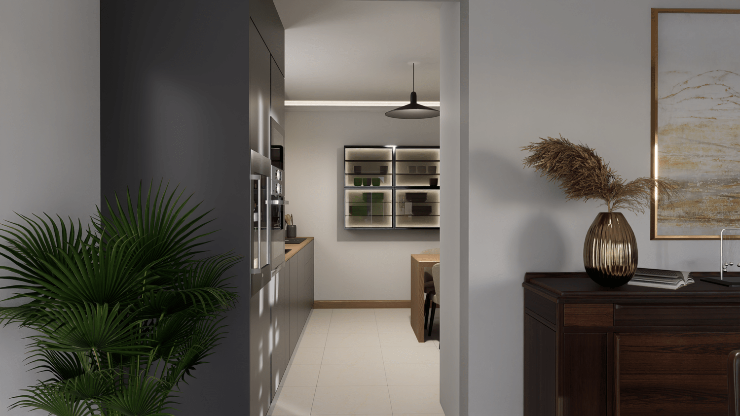 Projet de rénovation d'une maison avec une cuisine moderne avec un réfrigérateur, un four, un évier, un robot de cuisine, un placard en verre et une fenêtre laissant passer la lumière. Agencement haut de gamme sur mesure.