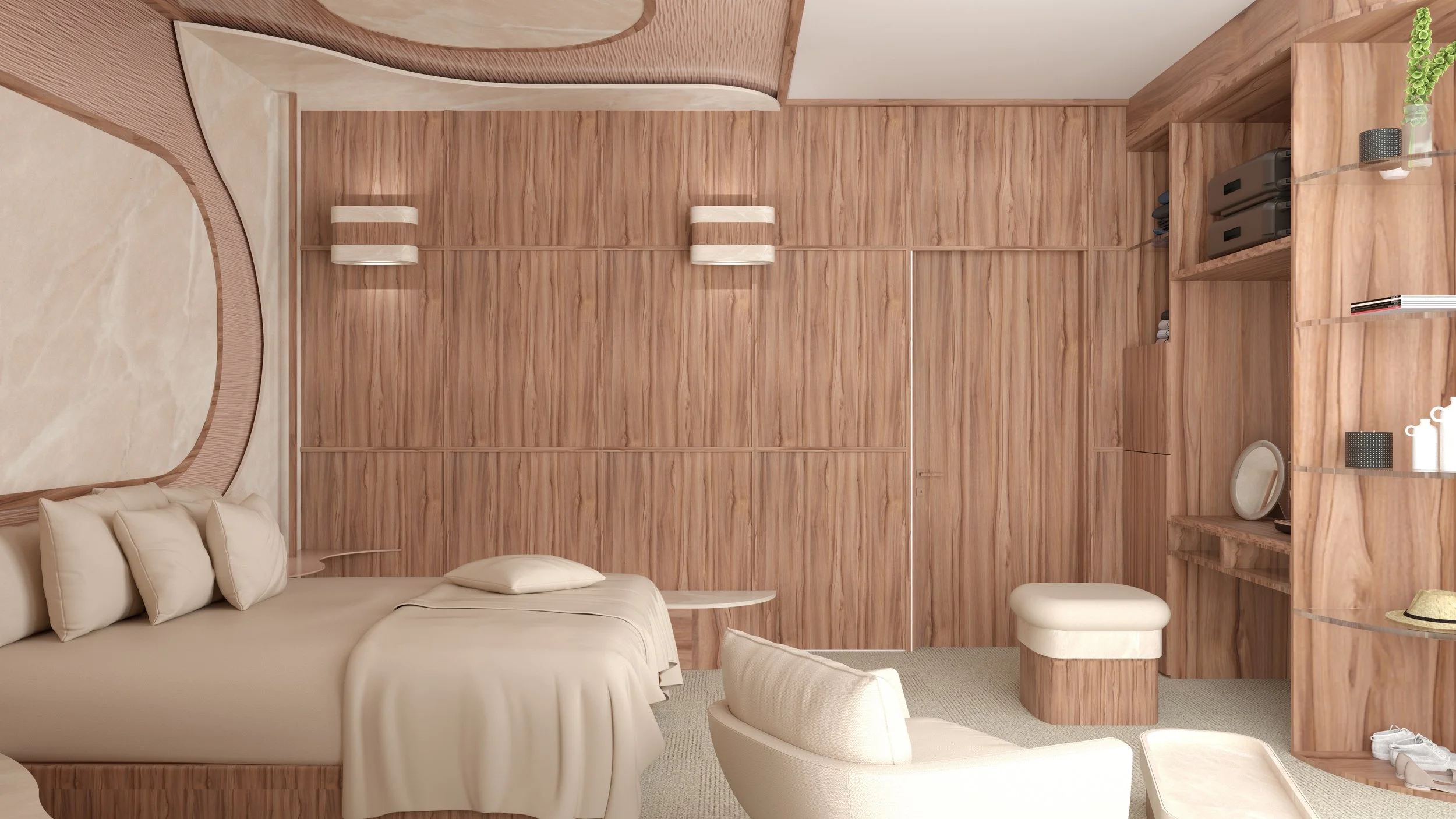 Vue intérieure d'une chambre d'hôtel 4 étoiles avec un mobilier en Formica clair, fauteuils et canapé en tissu blanc, un lampadaire, une grande fenêtre avec vue sur une forêt de montagne. Concours national d'architecte d'intérieur.