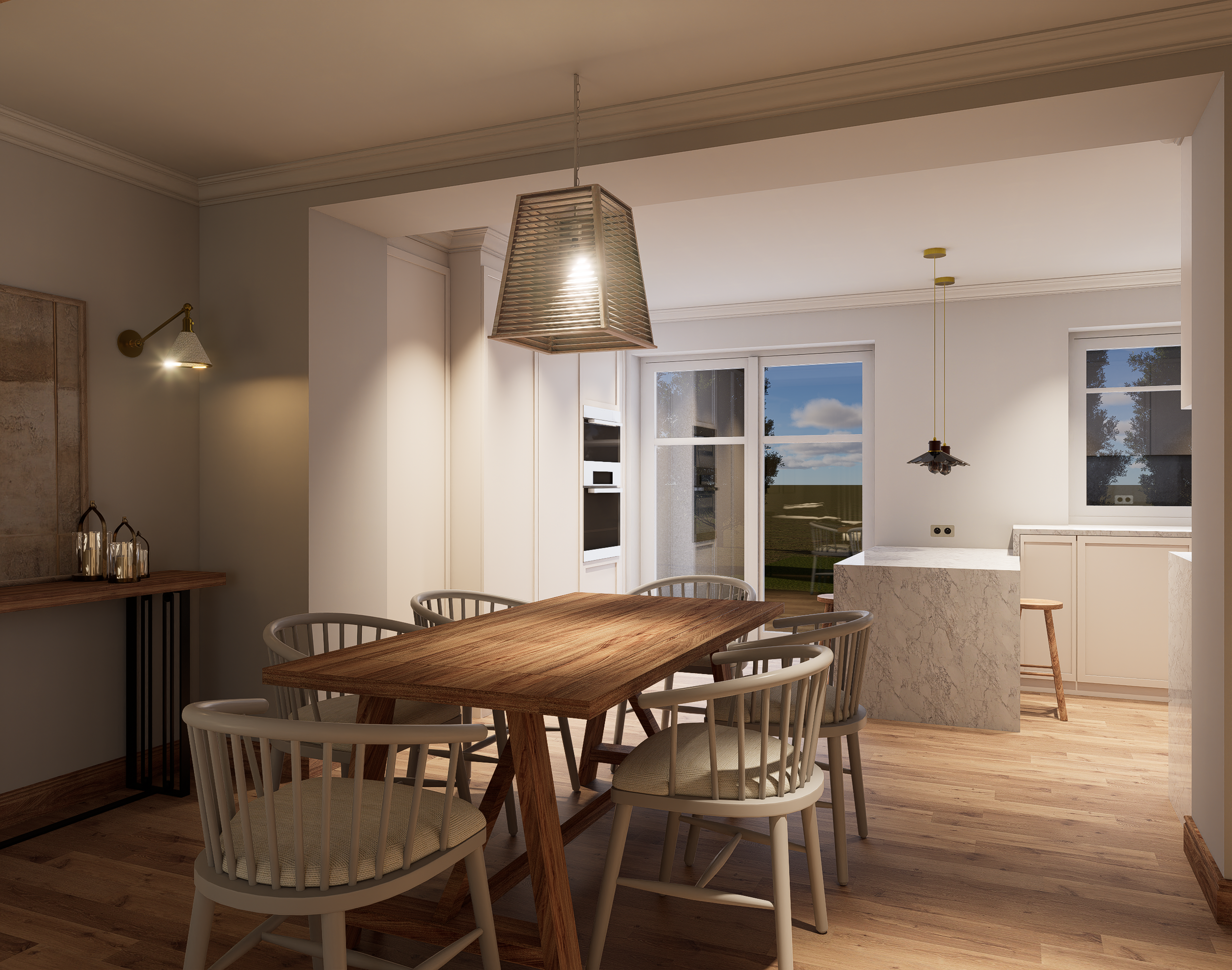 Rénovation haut de gamme d'une maison Anglaise avec cuisine moderne avec une table en bois entourée de chaises en bois blanc, grande fenêtre laissant entrer la lumière naturelle, lustre suspendu en métal et lampe murale. Agencement sur mesure