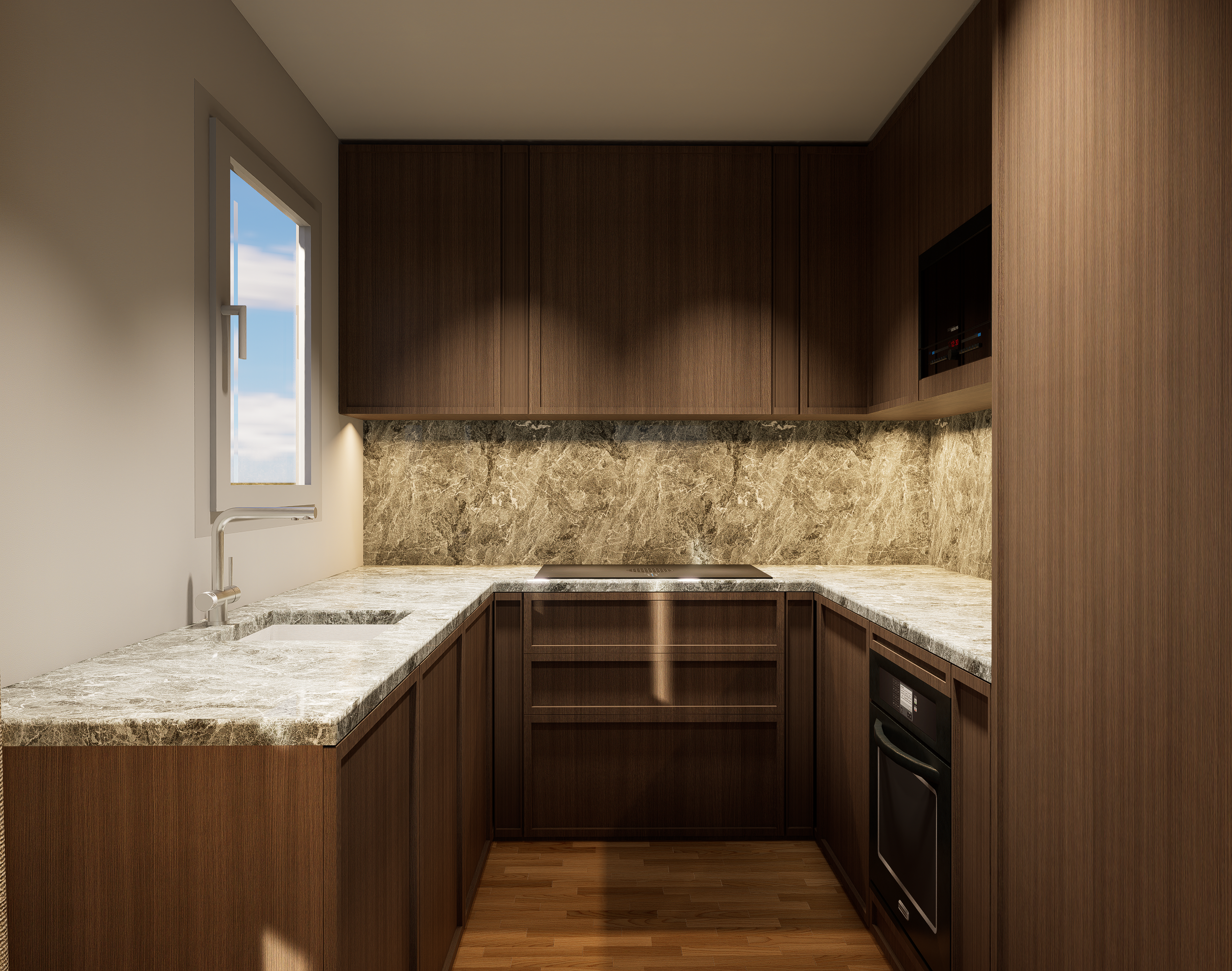 Rénovation haut de gamme d'un appartement à Saint Denis avec cuisine moderne avec armoires en bois foncé, comptoir en marbre clair, fenêtre laissant entrer la lumière naturelle, et électroménagers encastrés. Agencement sur mesure