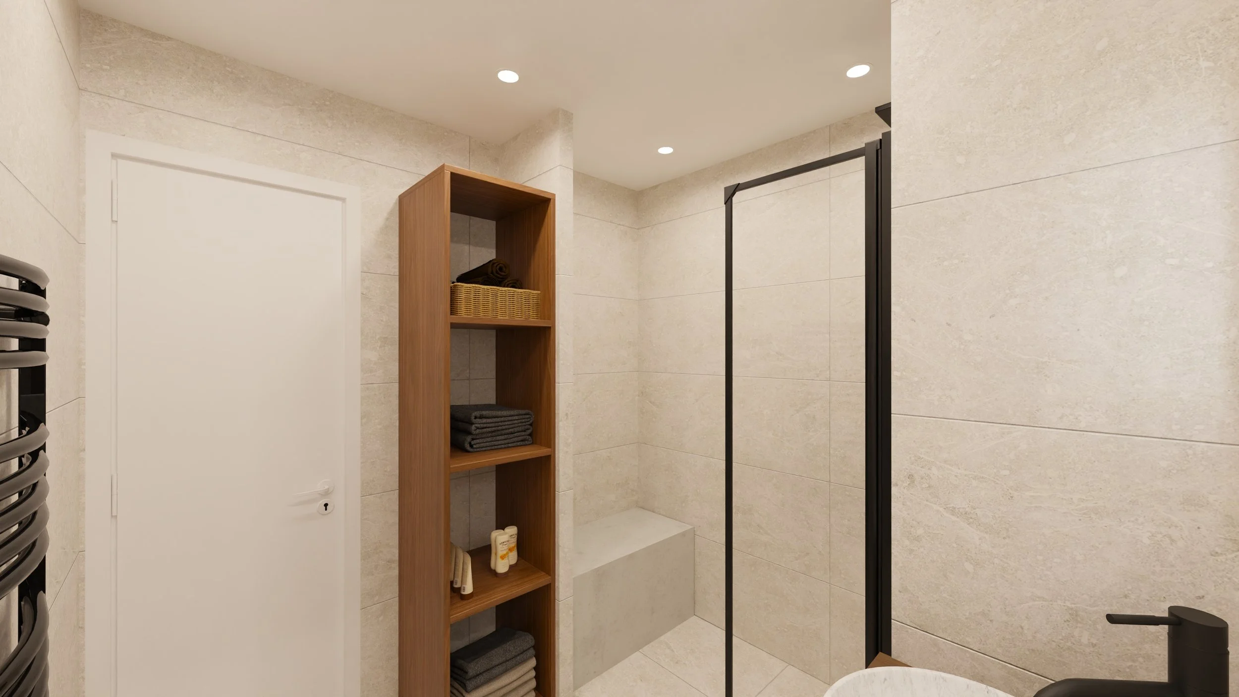 Rénovation haut de gamme d'un appartement avec salle de bain moderne avec des murs en pierre claire, une douche à l'italienne avec un plafond de douche noir, deux vasques rondes sur un meuble en bois, et un radiateur noir. Agencement sur mesures