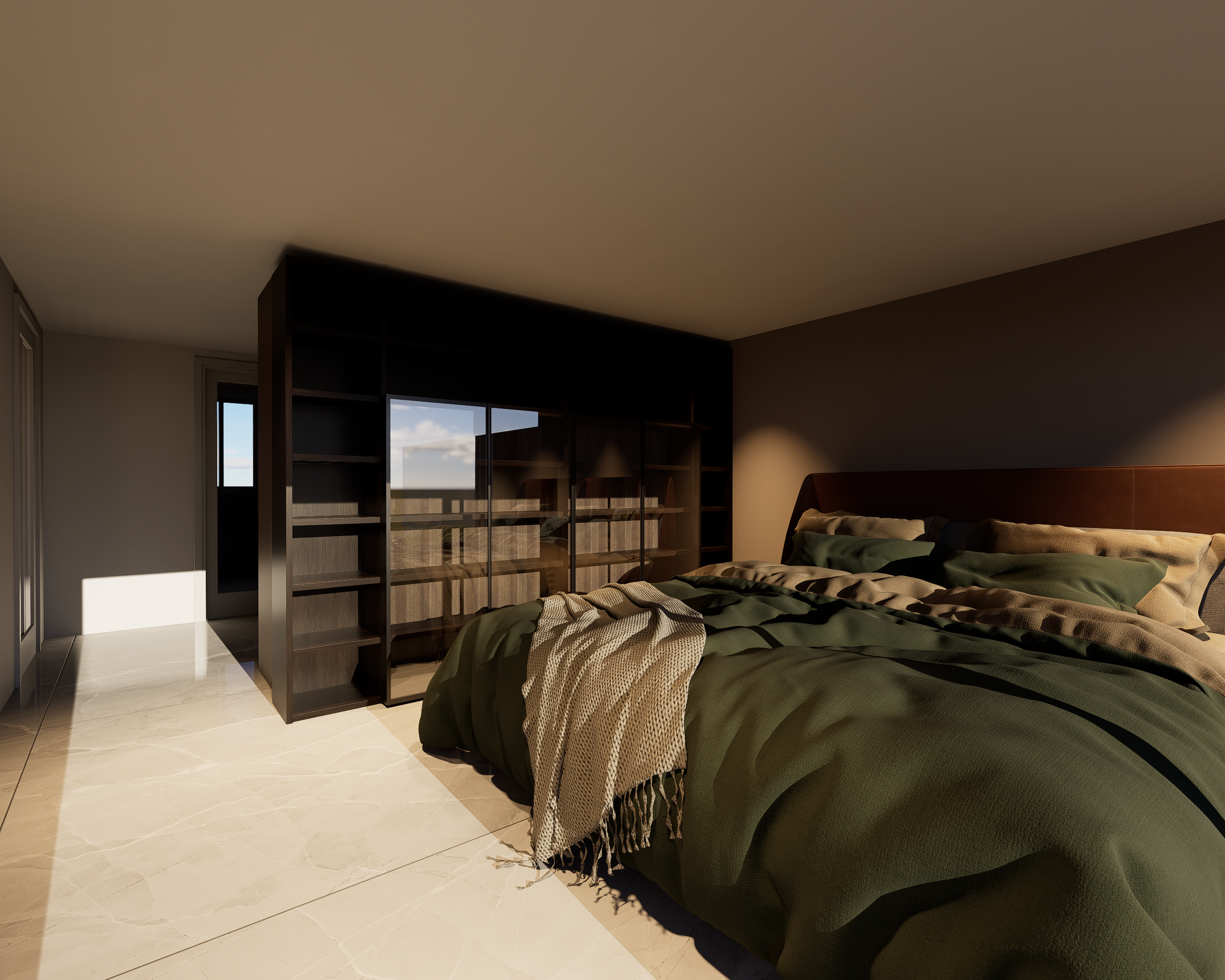 Rénovation haut de gamme d'une villa à Chelles avec chambre moderne avec un lit, une grande bibliothèque en bois, un mur peint en gris, et un sol en marbre clair, avec une fenêtre laissant entrer la lumière naturelle. Agencement sur mesures
