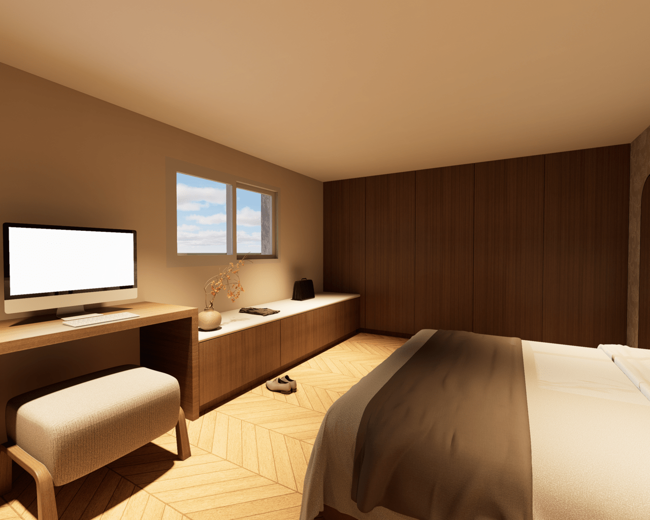 Rénovation haut de gamme d'une villa à Chelles avec chambre moderne avec lit, fauteuil, bureau avec ordinateur et fenêtre montrant un ciel ensoleillé et des nuages. Agencement sur mesure