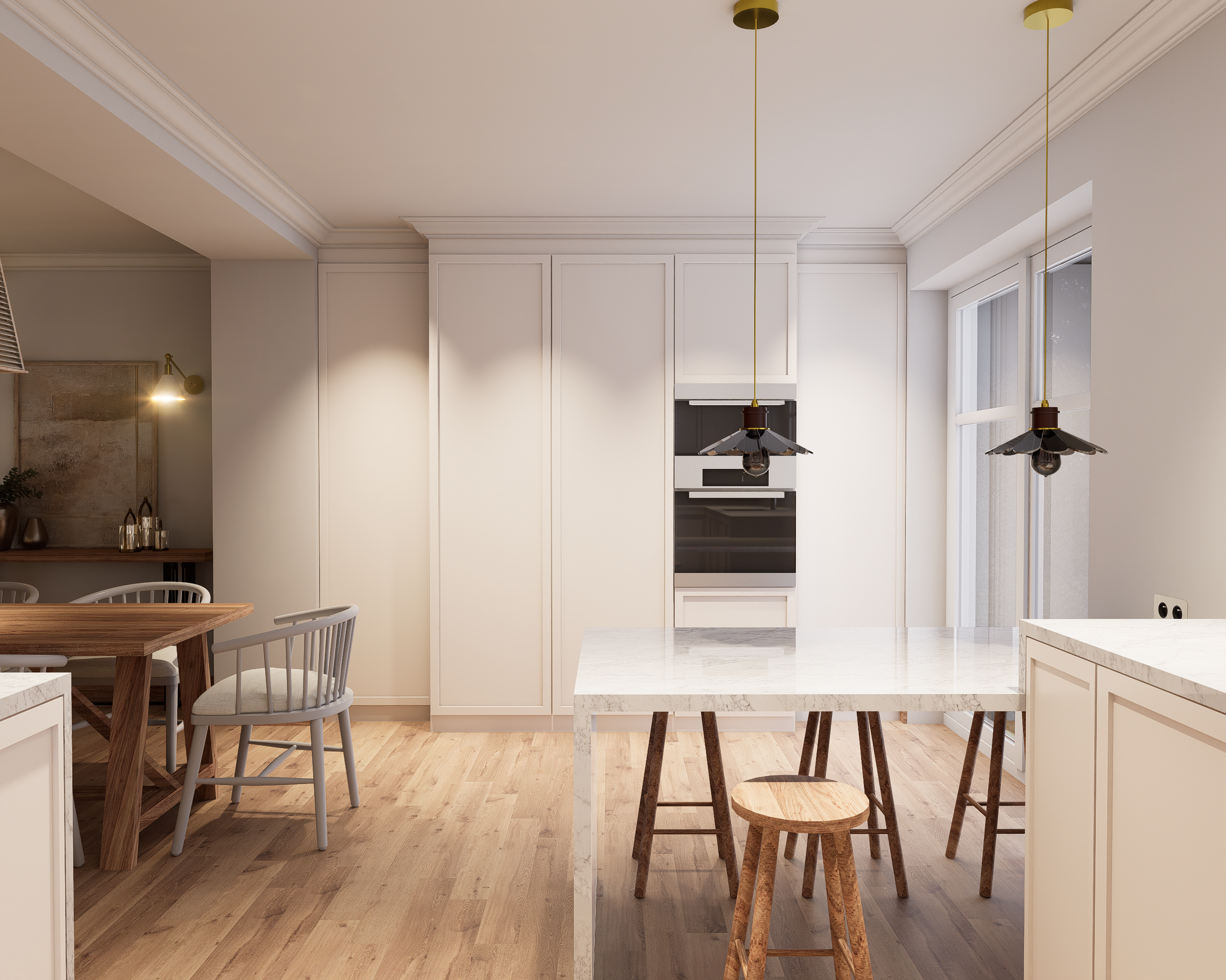 Rénovation haut de gamme d'une maison Anglaise avec cuisine moderne avec îlot central, plans de travail en marbre, et sièges en bois. Agencement sur mesure, style rustique.