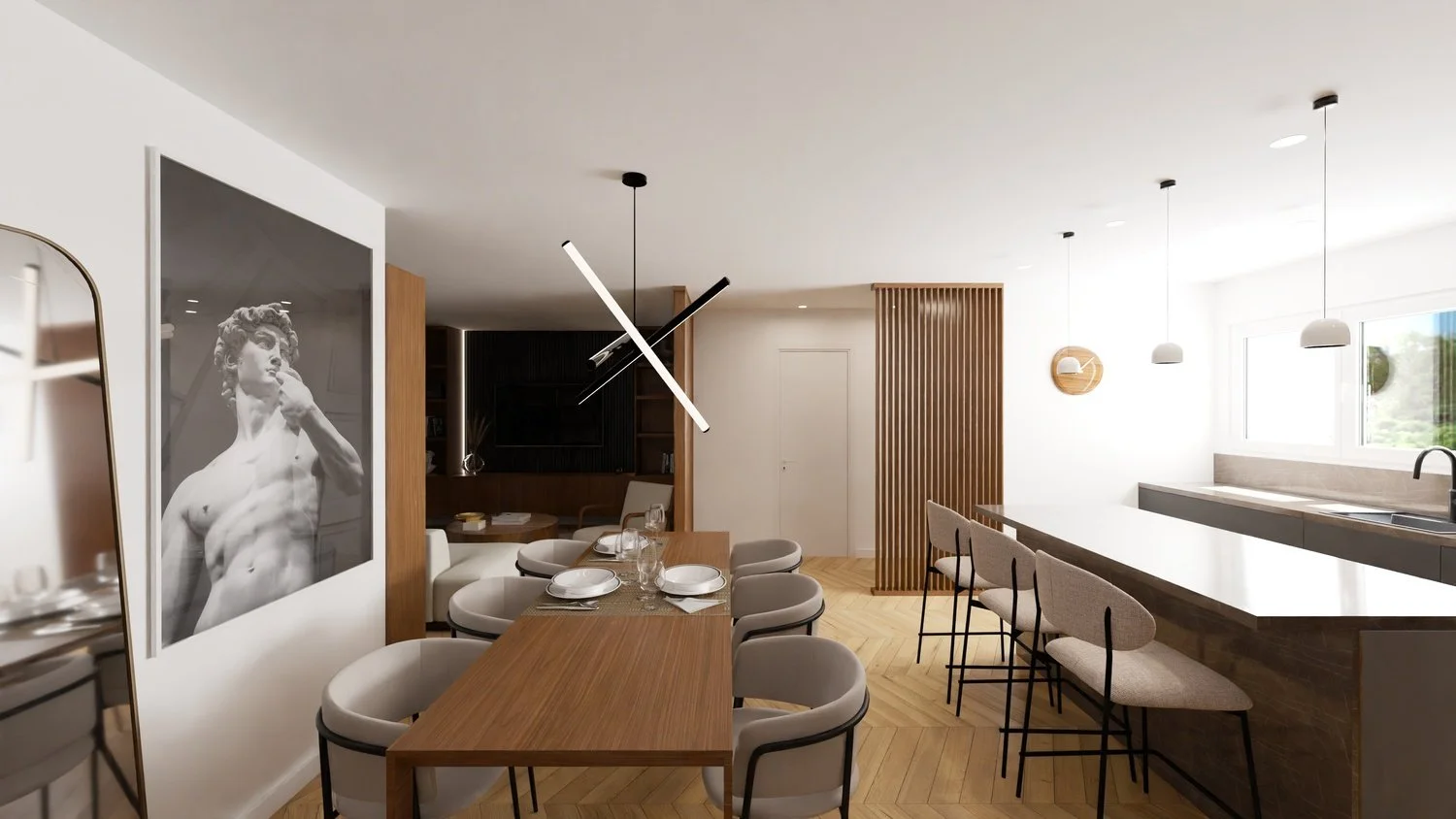 Rénovation haut de gamme d'un appartement avec cuisine et salle à manger avec des murs blancs, des meubles en bois clair, un grand plan de travail, des chaises blanches autour d'une table en bois. Agencement sur mesures.