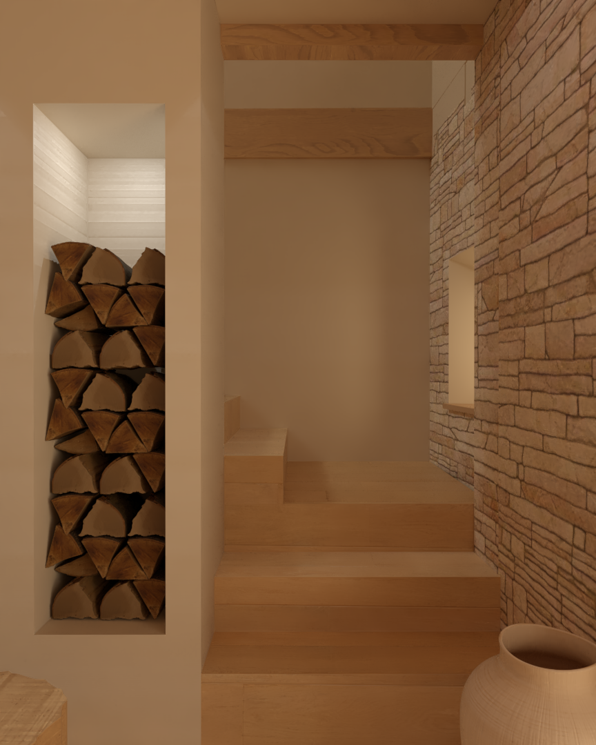 Rénovation haut de gamme d'une maison dans l'Aveyron, à Cantobre avec salon chaleureux avec un coin cheminée en brique, une niche contenant du bois empilé dans un espace en bois avec des escaliers et un mur en pierre. Agencement sur mesures.