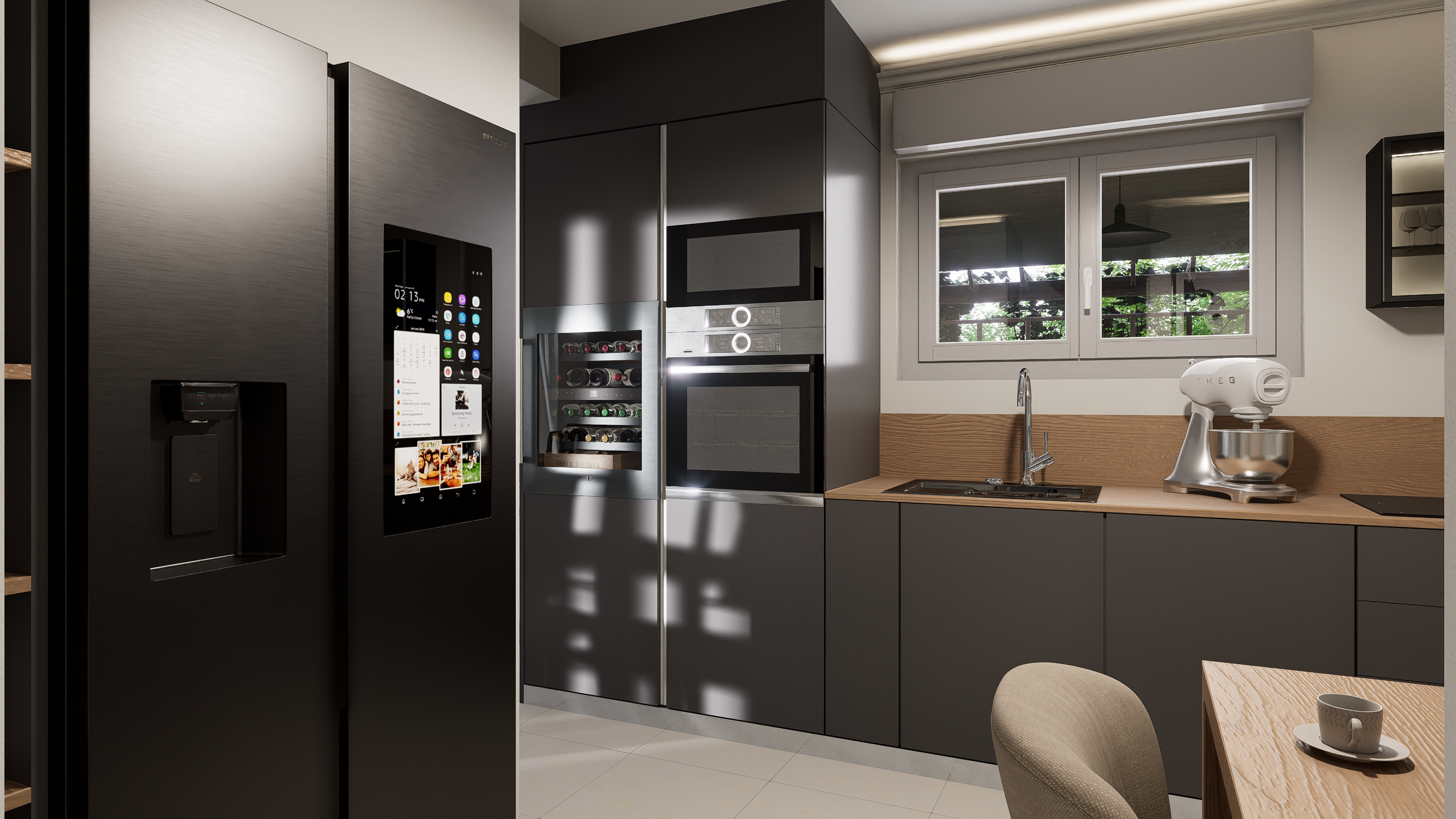 Projet de rénovation d'une maison avec une cuisine moderne avec un réfrigérateur, un four, un évier, un robot de cuisine, un placard en verre et une fenêtre laissant passer la lumière. Agencement haut de gamme sur mesure.