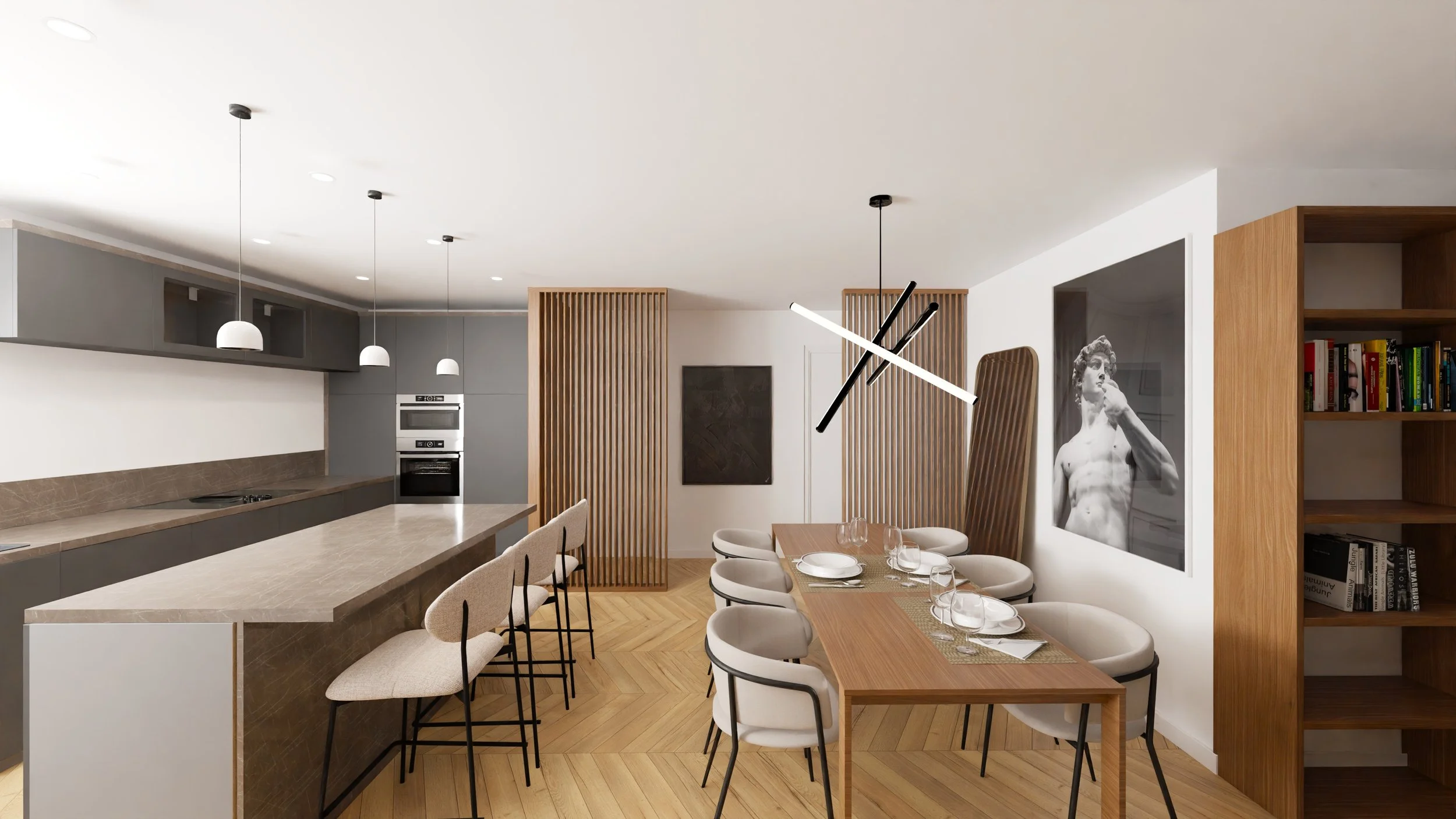 Rénovation haut de gamme d'un appartement avec cuisine moderne avec une table à manger et des chaises, décoration minimaliste, œuvres d'art, étagère en bois avec des livres, éclairage suspendu moderne. Agencement sur mesures.